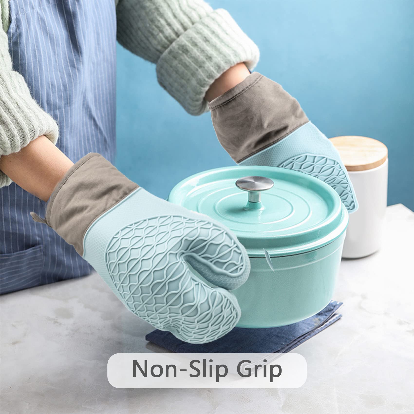 Heat Resistant Silicone Oven Mitts Set - 2-Piece Non-Slip Kitchen Gloves with Soft Quilted Cotton Lining for Cooking, Baking, Grilling & BBQ - Easy Clean Pot Holders for Hot Pans & Baking Trays (Blue)