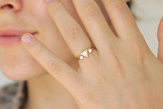 Dual Diamond Ring for Women - Medium Size 14K Gold Plated Elegant Stackable Band - Perfect for Engagement, Wedding, Anniversary & Everyday Wear