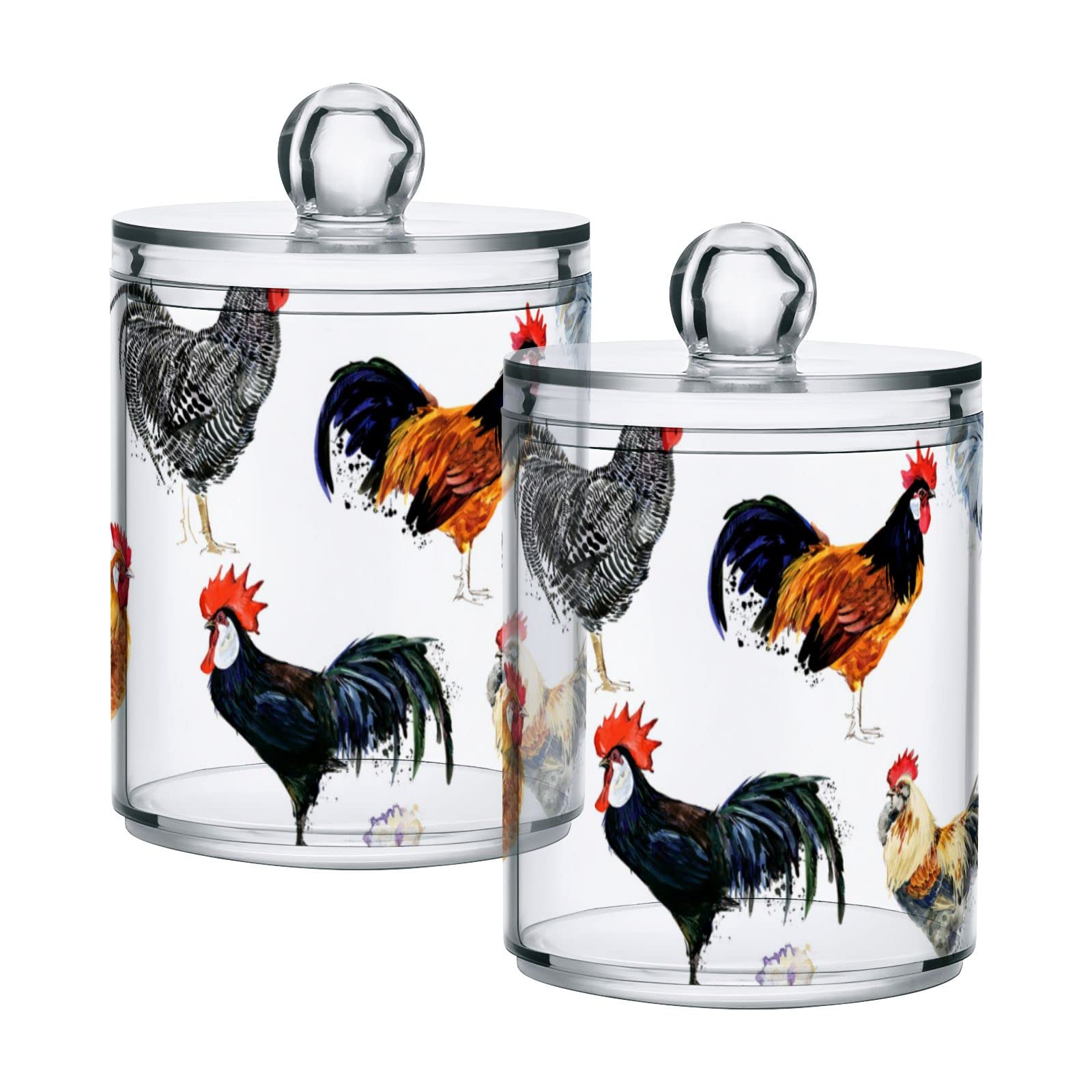 Farmhouse Rooster Watercolor Design Plastic Storage Jars with Lids - Set of 2 Translucent 10 oz Food Containers for Tea, Cookies & Cotton Swabs | Perfect for Kitchen Pantry Organization, Canning Supplies & Craft Storage