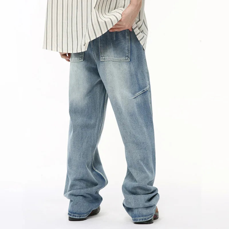 American Style Men's Denim Pants - Casual Multi-Level Patchwork Straight Leg Loose Fit Wide Leg Male Jeans (Chic 9C6432) | Perfect for Streetwear, Casual Outings & Urban Fashion