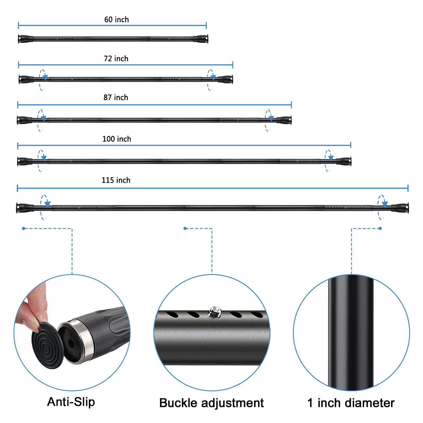 Adjustable Heavy Duty Tension Curtain Rod 42-115 Inch, Black Shower Curtain Rod for Bathroom, Closet, Windows, Perfect for Home, Apartment, and Dorm Use