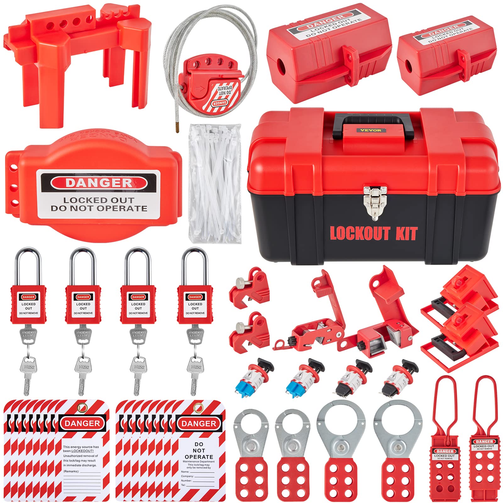 VEVOR 42 PCS Lockout Tagout Kit - Electrical Safety LOTO Kit with Padlocks, 5 Types of Lockout Devices, Hasps, Tags & Cable Ties - Industrial Safety Equipment for Machinery Maintenance & Hazard Prevention | Perfect for Factories, Power Plants & Workplace Safety Compliance