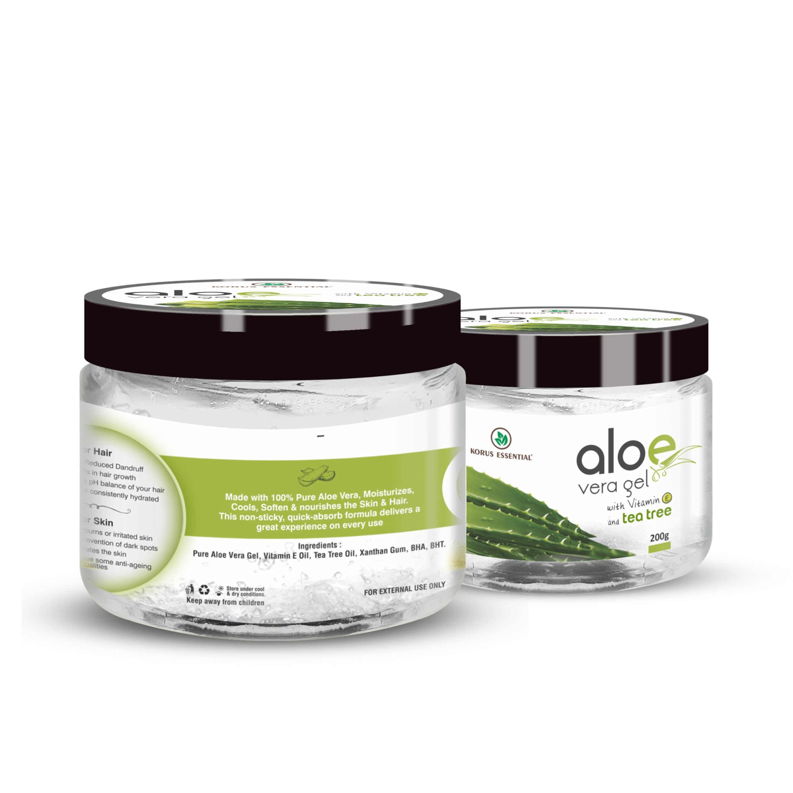 Korus Aloe Vera Gel with Tea Tree Oil - 200g Multipurpose Skin & Hair Care Gel | Moisturizing, Cooling for Sunburn Relief, Acne Treatment, Scalp Hydration | Perfect for After-Sun Care, Daily Skincare & Hair Conditioning