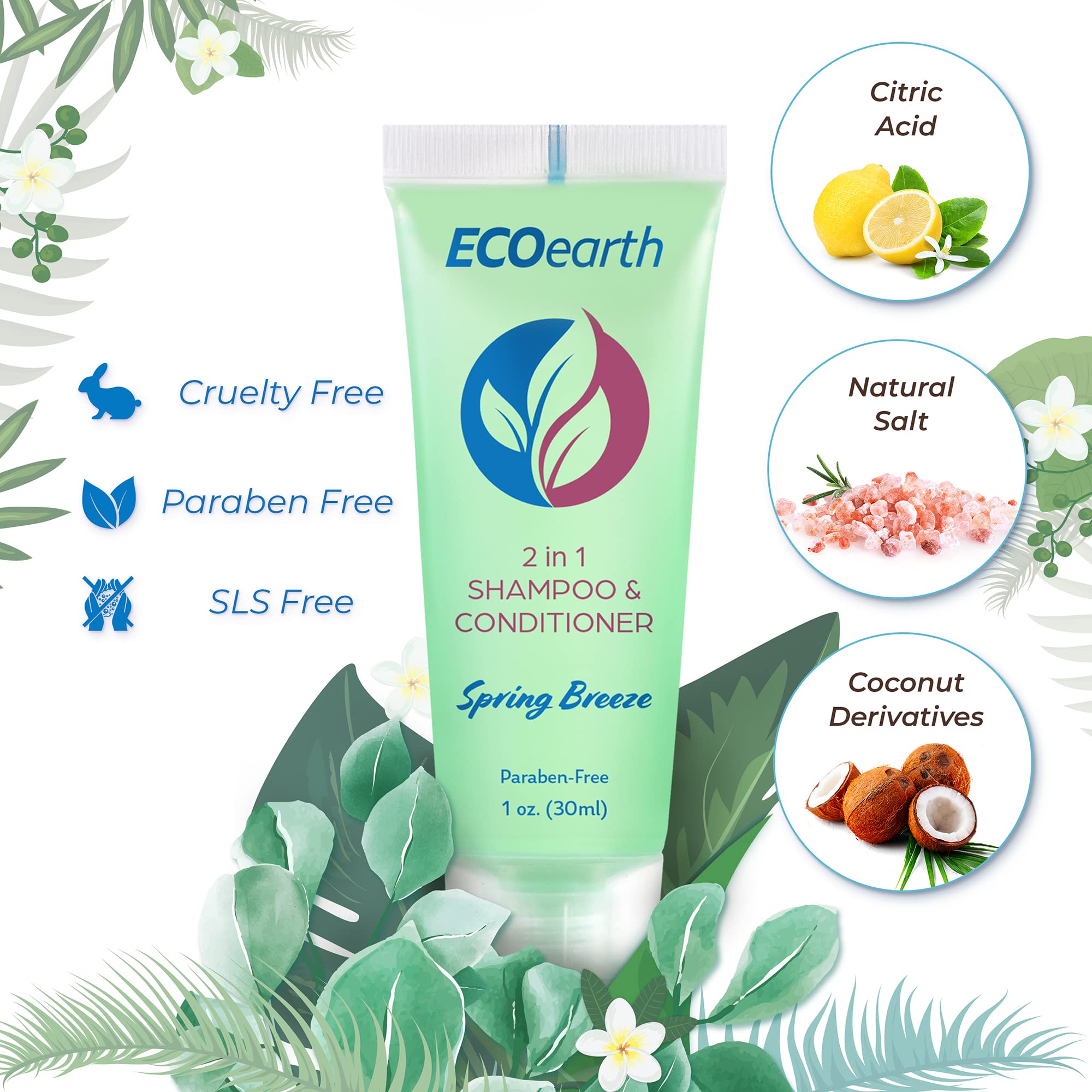 EcoEarth Travel Size 2-in-1 Shampoo & Conditioner (1 fl oz, 100 Pack) - Spring Breeze Scent | Bulk Hotel Toiletries for Guests | Moisturizing & Refreshing Hair Care | Perfect for Hotels, Airbnbs, Gyms, and Travel Amenities