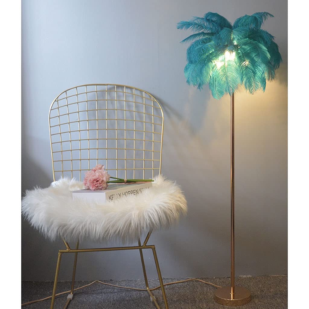 Blue Ostrich Feather Floor Lamp - Modern Standing Tall Bedside Light for Bedroom, Romantic Home Decor with Copper Base | Perfect for Living Room, Bedroom, or Nursery Ambiance Lighting