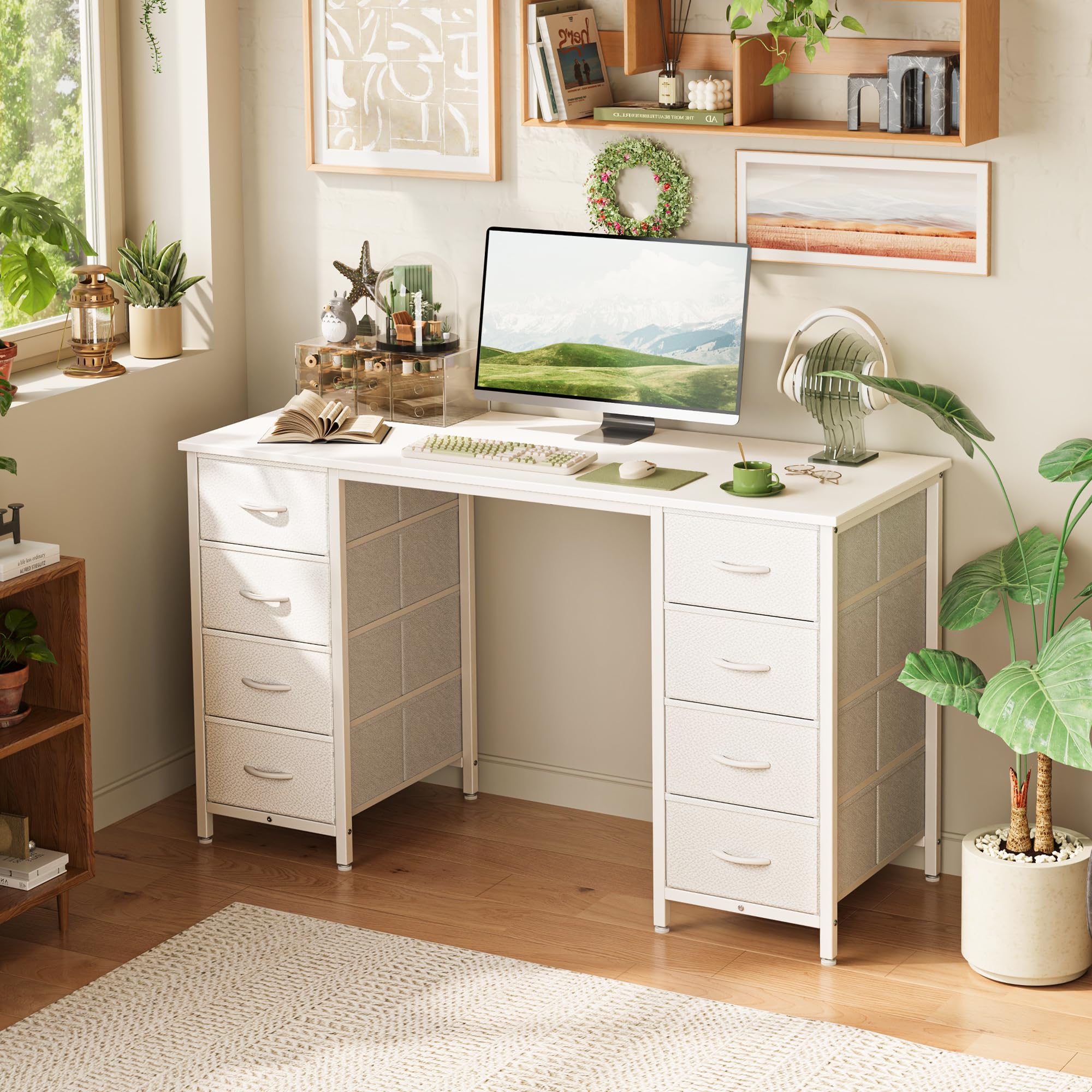 Huuger 47 Inch White Vanity Desk with 8 Fabric Drawers - Spacious Computer Desk for Home Office & Bedroom - Perfect for Makeup, Work, and Study with Ample Storage Space