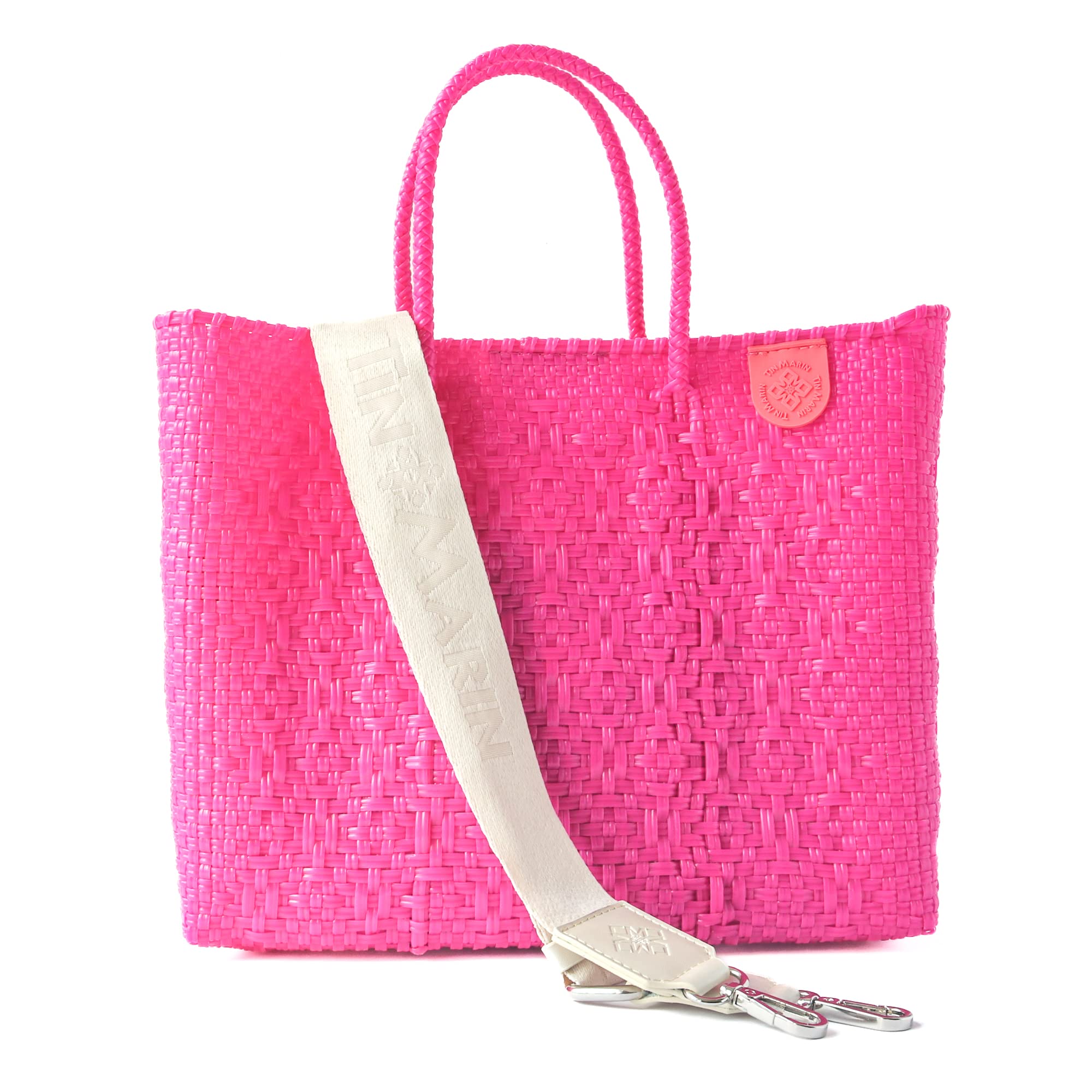 Vallarta Medium Woven Crossbody Bag with Detachable Mesh Pouch - Hot Pink Fuchsia Recycled Plastic Beach Purse | Mexican Artisan Made Handbag for Women | Perfect for Travel, Shopping & Resort Vacations