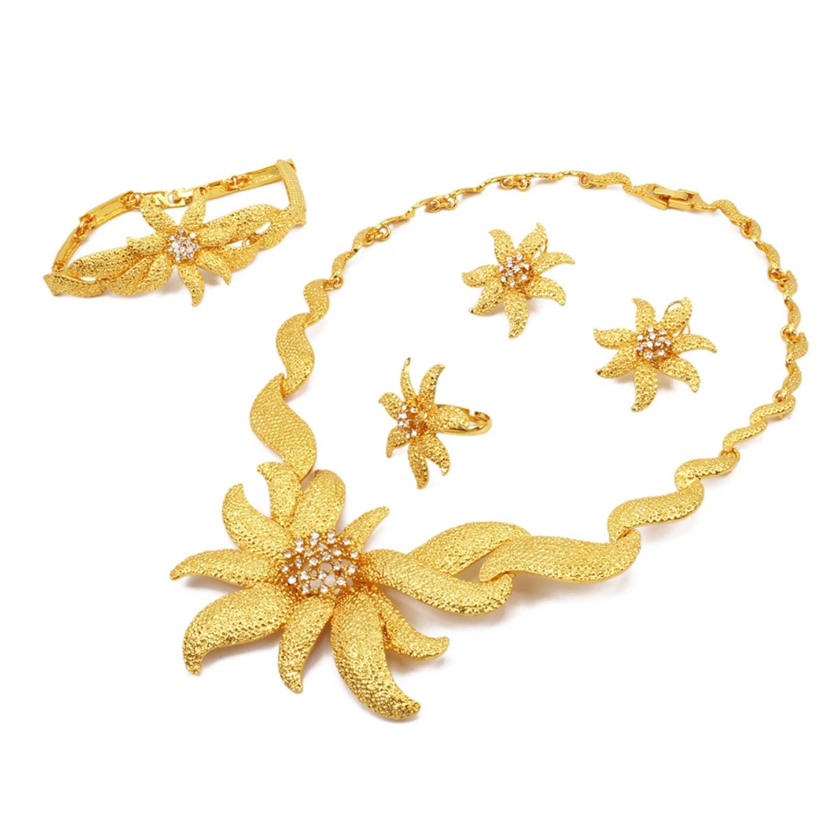 24K Gold Plated Jewelry Set for Women - Dubai Style African Bridal Wedding Gift Set with Flower Pendant Necklace, Earrings, Ring & Bracelet - Perfect for Weddings, Anniversaries and Special Occasions