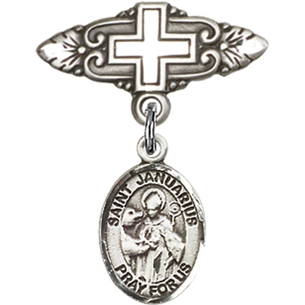 St. Januarius Sterling Silver Baby Badge with Cross Charm - 1 X 3/4 Inches - Perfect for Christenings, Baptisms & First Communion Gifts