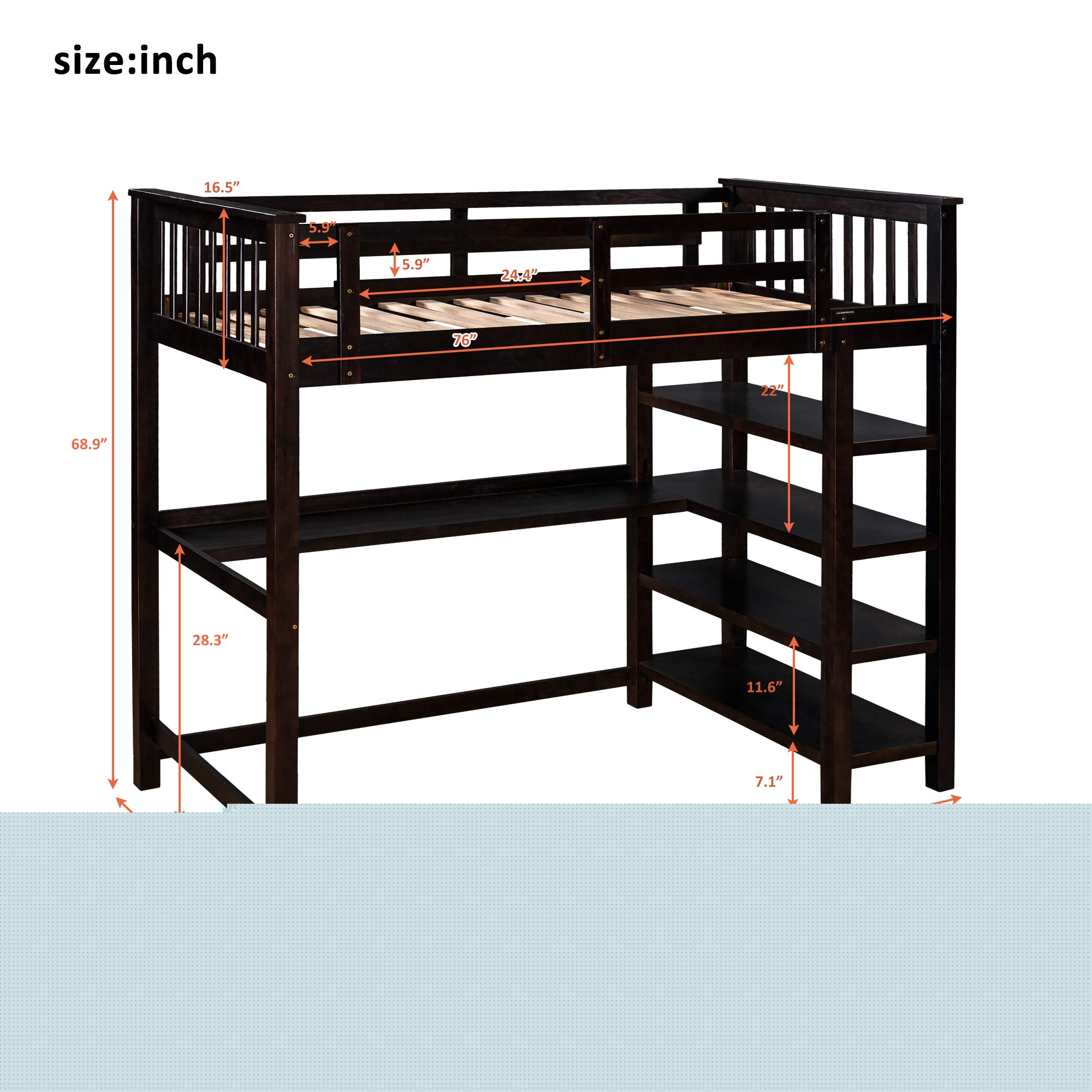 Twin Size Loft Bed with Storage Shelves & Under-Bed Desk - Solid Rubber Wood Space Saving Bunk Bed for Kids, Teens & Adults (Espresso-E) - Perfect for Small Bedrooms, Dorms & Studio Apartments