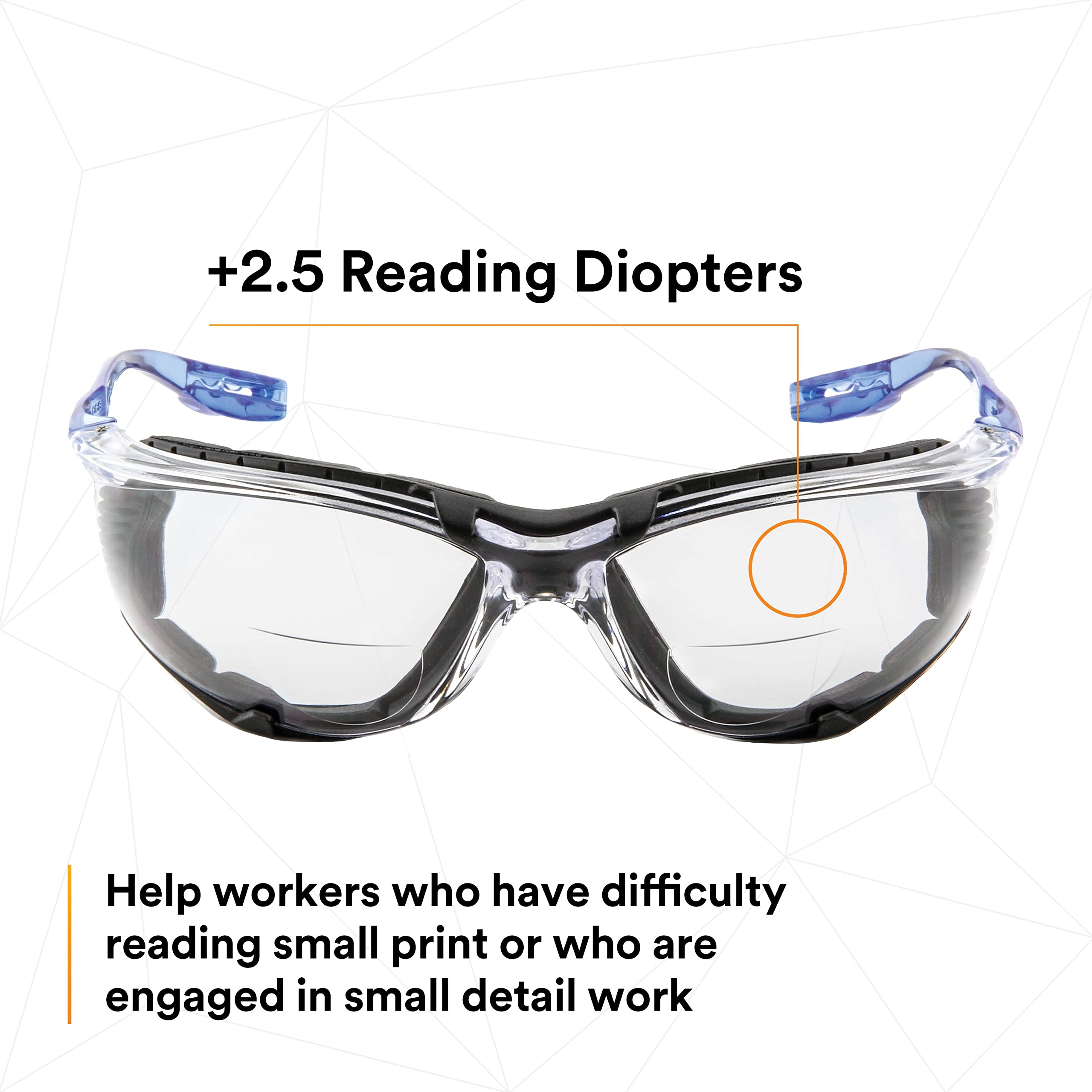 3M Virtua CCS Safety Glasses with +2.5 Readers - ANSI Z87.1 Certified, Anti-Fog Clear Lens & Frame, Blue Arms, Corded Ear Plug System, Removable Foam Gasket (20-Pack) - Perfect for Construction, Lab Work & DIY Projects