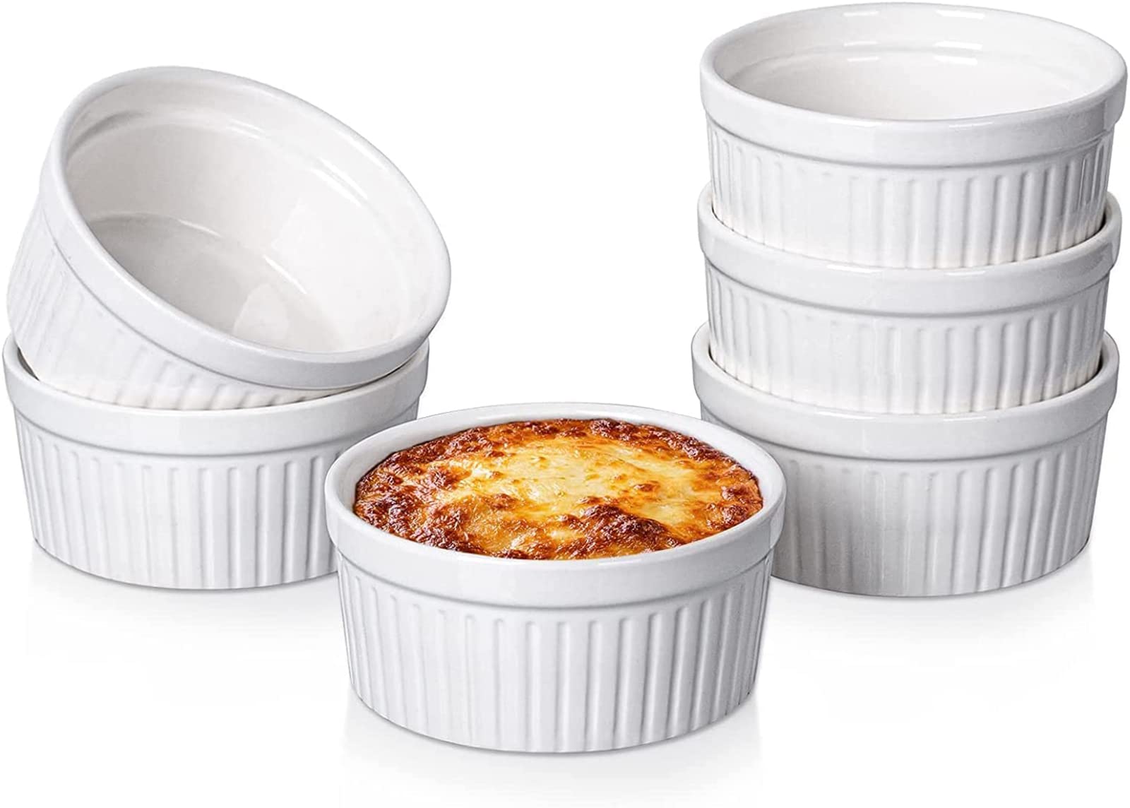 Delling 12 Oz Porcelain Ramekins - Oven Safe Souffle Dishes for Baking, Creme Brulee & French Onion Soup (6-Pack, White) | Perfect for Desserts, Side Dishes & Elegant Dinner Parties