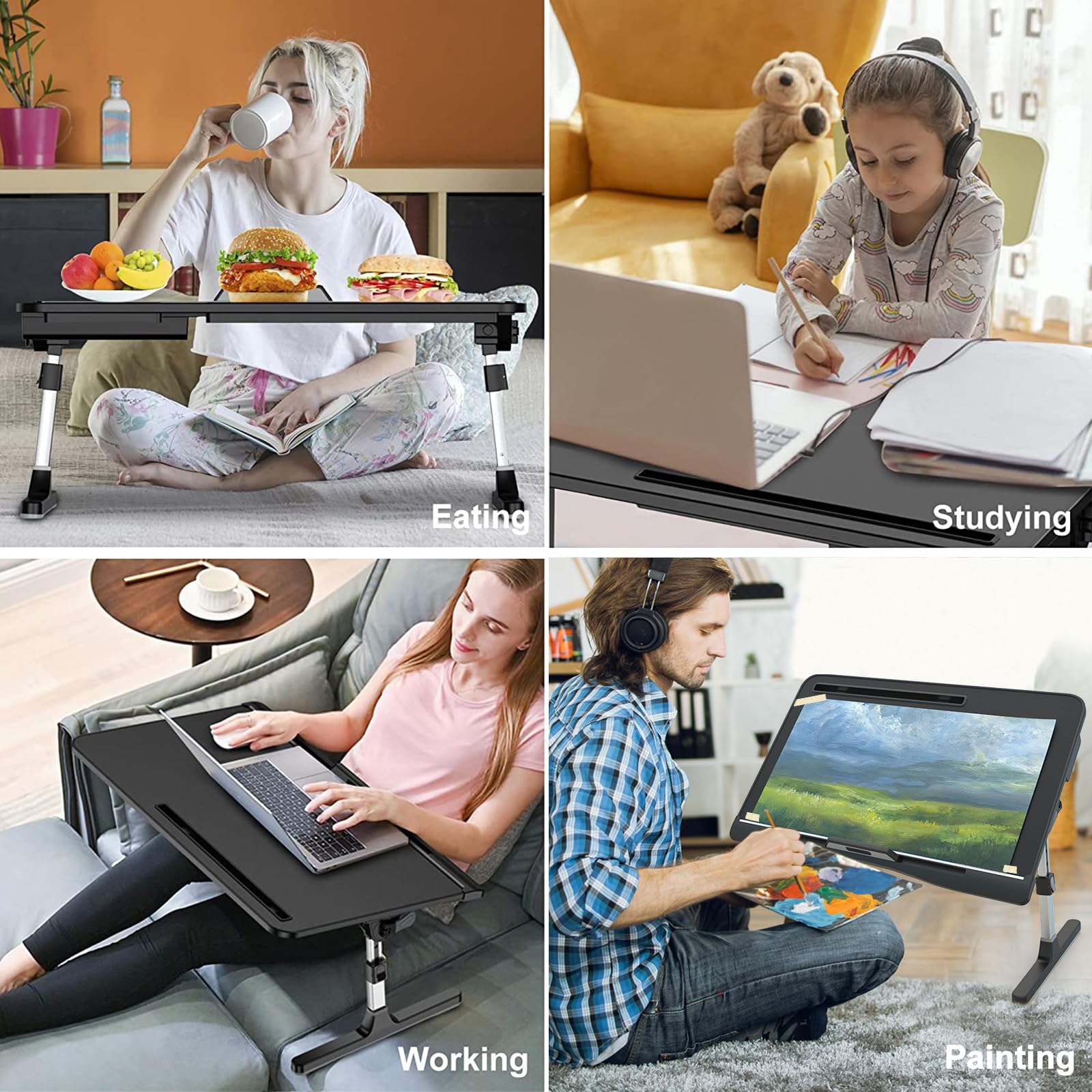 Adjustable Laptop Bed Desk Tray - Foldable & Sturdy Portable Lap Stand for Working, Reading, Eating & Painting - Premium Materials (Black, 23.6