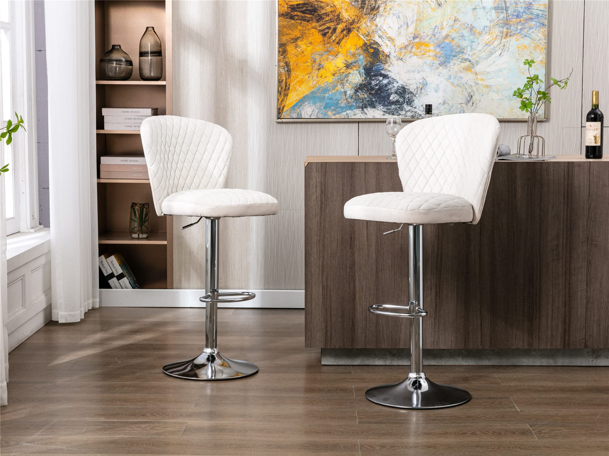 2 Pack Velvet Swivel Bar Stools with Backrest & Footrest - Adjustable Height Modern Kitchen Counter Stools with Silver Metal Base for Bistro, Pub, Dining Room & Home Decor (Beige) - Perfect for Breakfast Nooks, Kitchen Islands & Entertaining Guests