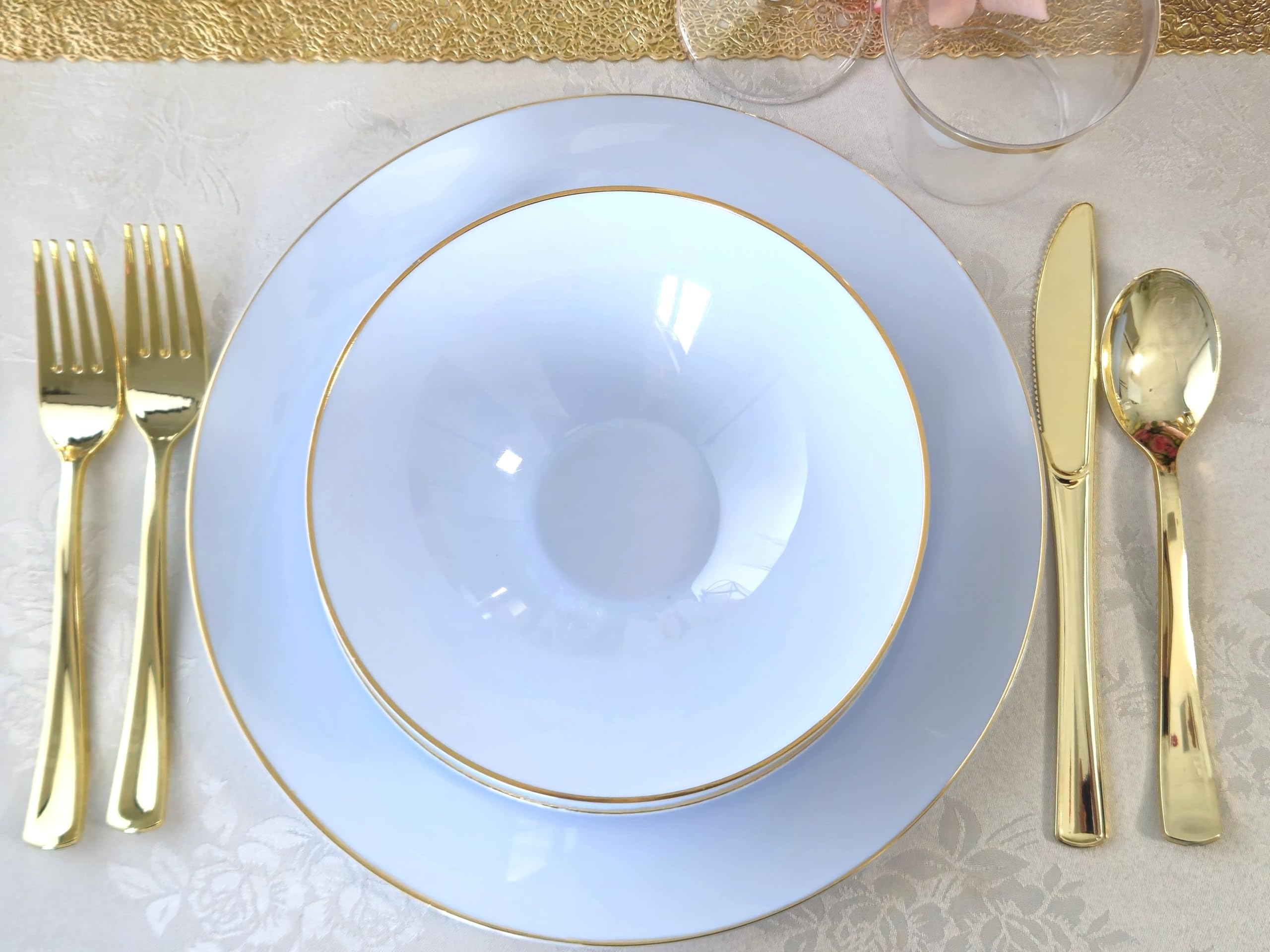 240 Pack Disposable Plastic Plates for Wedding & Party - 10.25 Inch Dinner Plates in Elegant Bali Blue & Gold - Perfect for Birthday, Baby Shower, Anniversary & Special Events