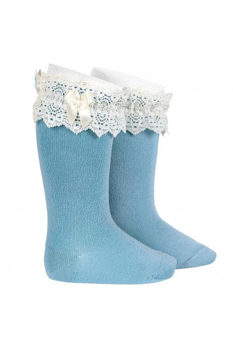 Cloud Blue Lace Trim Knee High Socks for Women - Elegant Fashion Socks for Casual Wear, Office, and Special Occasions