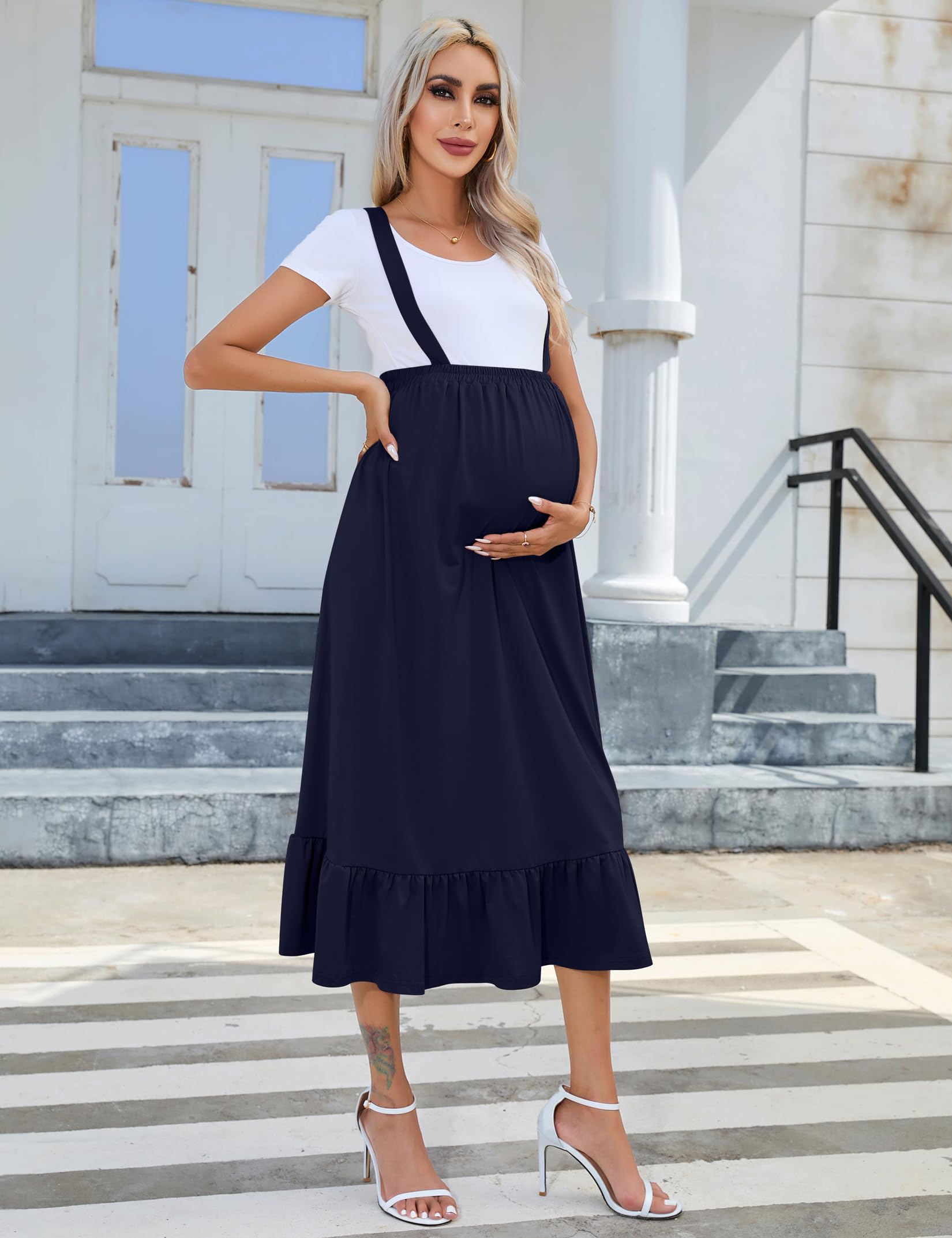 KOJOOIN Women's Maternity Maxi Skirt - High Waisted Flowy Ruffle Suspender Long Skirt for Pregnancy, Casual Fall Dress in Navy Blue | Perfect for Maternity Photos, Baby Showers & Everyday Comfort