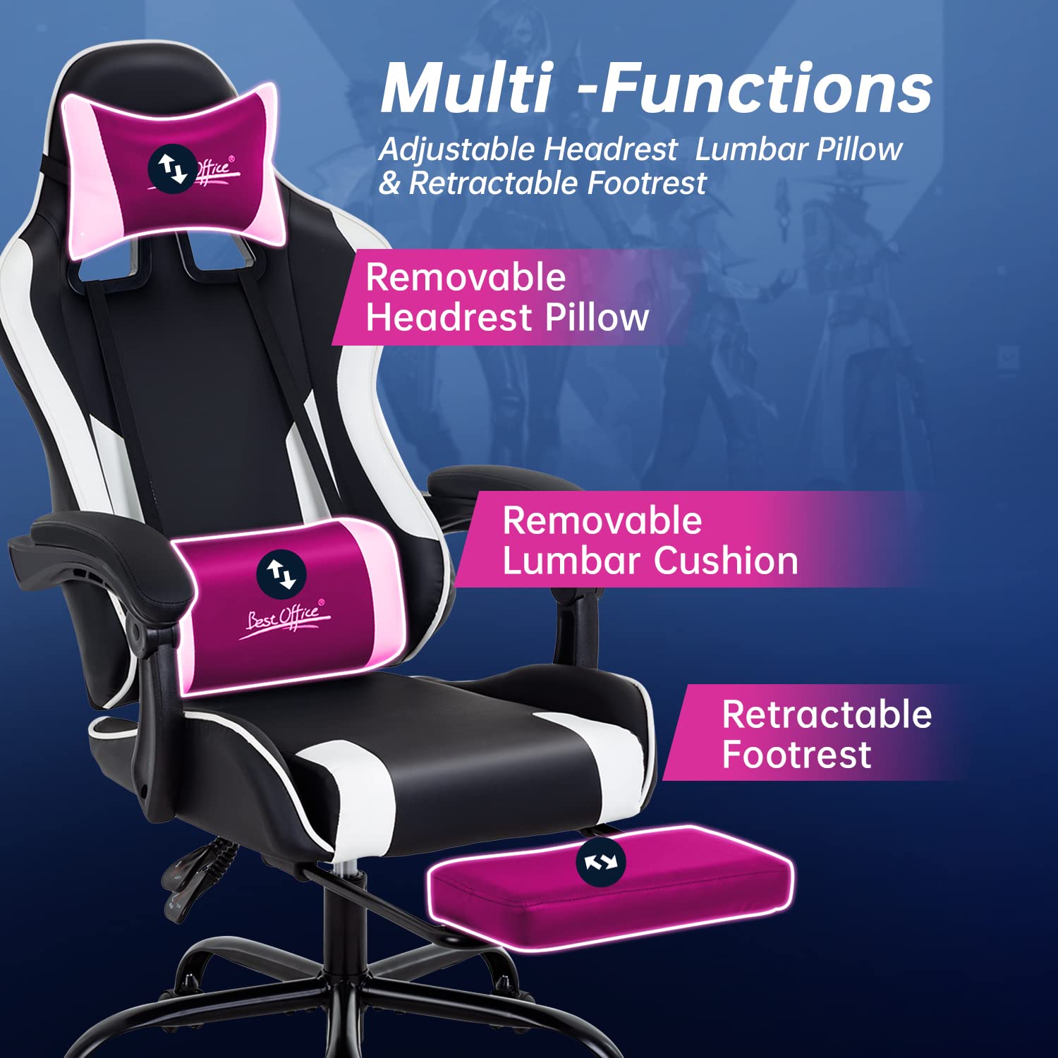 Ergonomic Gaming Chair with Lumbar Support & Headrest - Adjustable PC Gamer Chair with Footrest, Armrests & Swivel Base - Comfortable Office Desk Chair for Esports & Home Workstation (White) - Perfect for Long Gaming Sessions & Remote Work