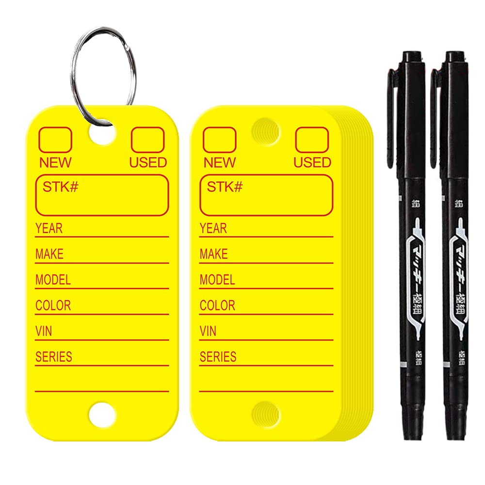 200 Pcs PVC Key Tags with Labels & Rings - Waterproof Car Key Tags for Organization, Identification & Luggage - Includes 2 Markers - Durable Plastic Keychain Tags for Vehicles, Dealerships & Travel (Yellow) - Perfect for Key Management, Inventory Control & Baggage Tracking