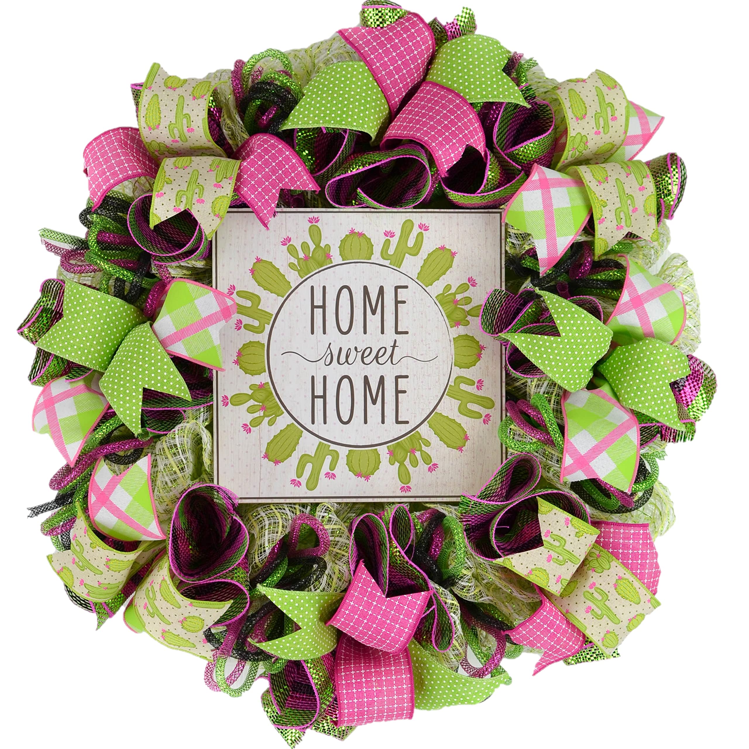 Home Sweet Home Cactus Wreath - Black Green Pink Succulent Decor for Spring, Mother's Day Gift - Perfect for Front Door, Wall Decor & Housewarming Present