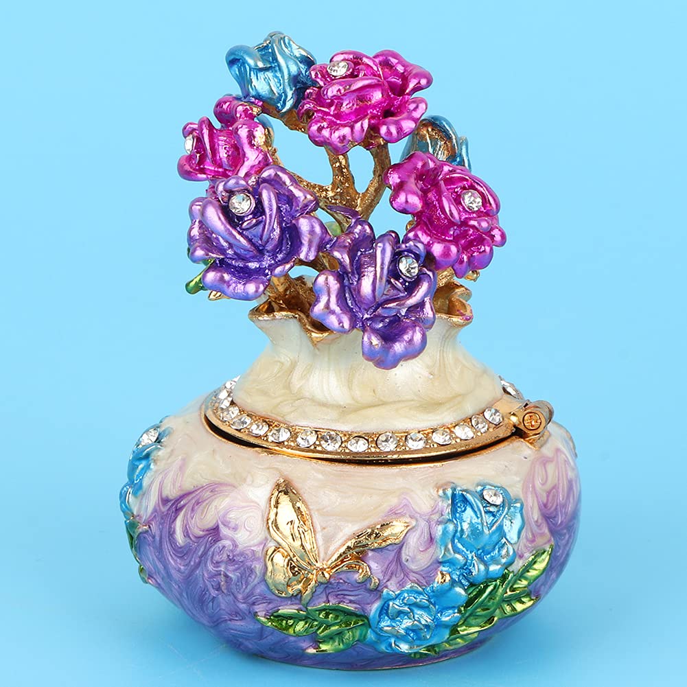 Elegant Purple Mini Enameled Jewelry Box with Rose Flower Design - Hinged Ring Holder & Decorative Trinket Box for Women & Girls - Perfect for Dresser Organizer, Gift Giving & Home Décor