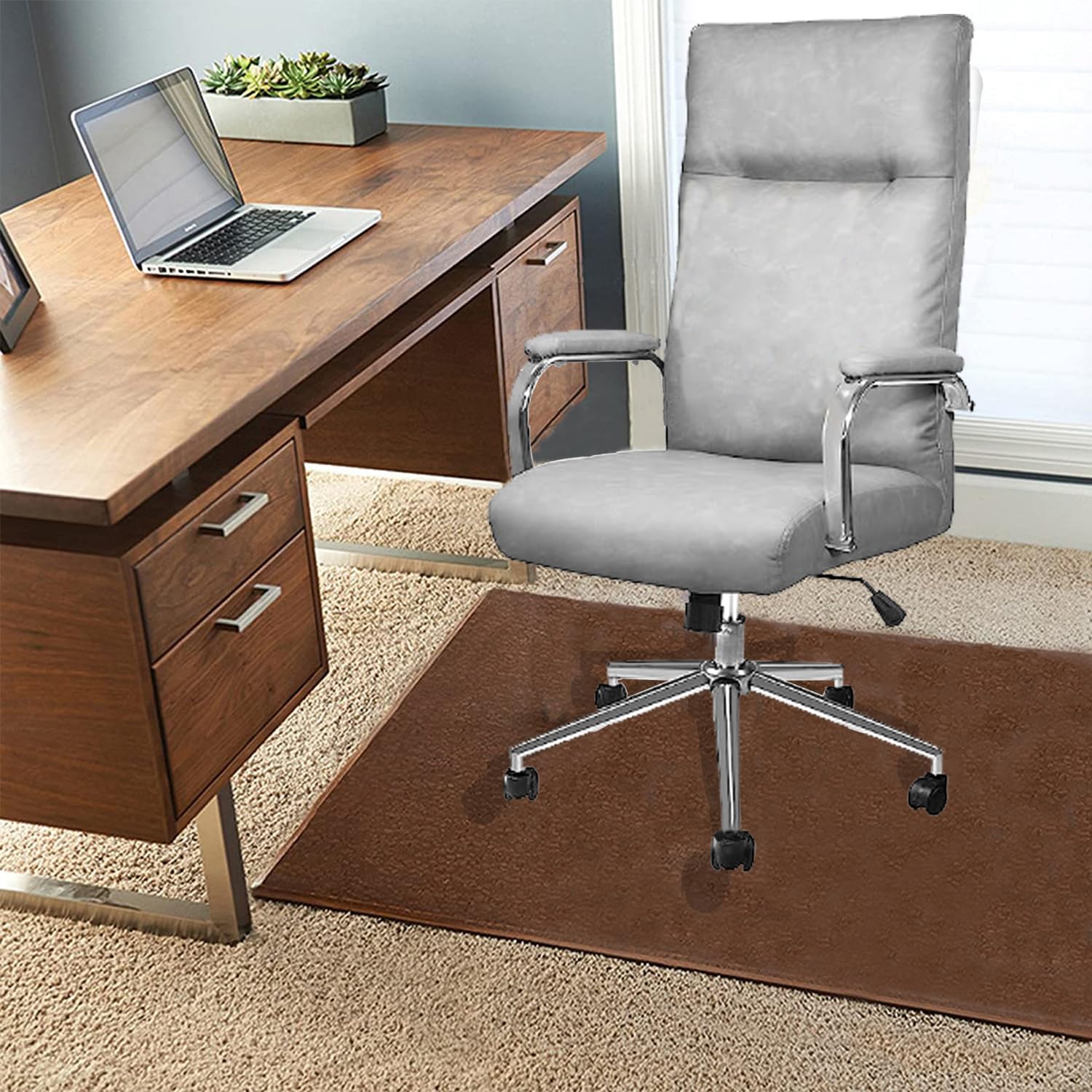 Ergonomic Office Chair - Adjustable Height Swivel Computer Desk Chair with Wheels, High Back Executive Leather Chair with Lumbar Support (Grey) - Perfect for Home Office, Gaming & Workspaces