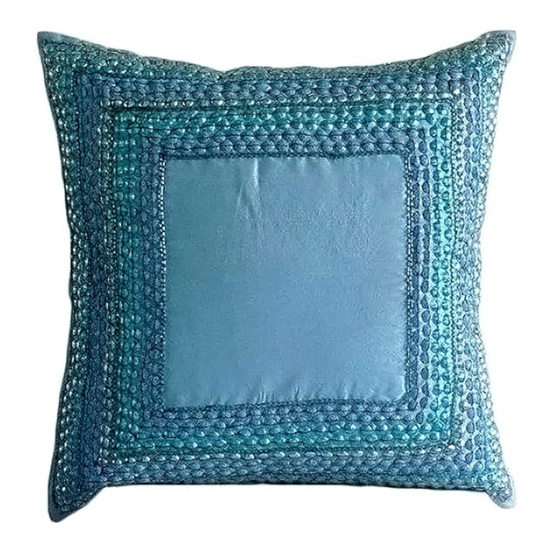 Premium Aqua Blue Silk Euro Pillow Sham 26x26 Inch - Luxurious Sequin Embellished Bordered Pillow Cover for Bedroom Decor, Sofa Throw Pillow, Easter & Holiday Home Celebration Decorations
