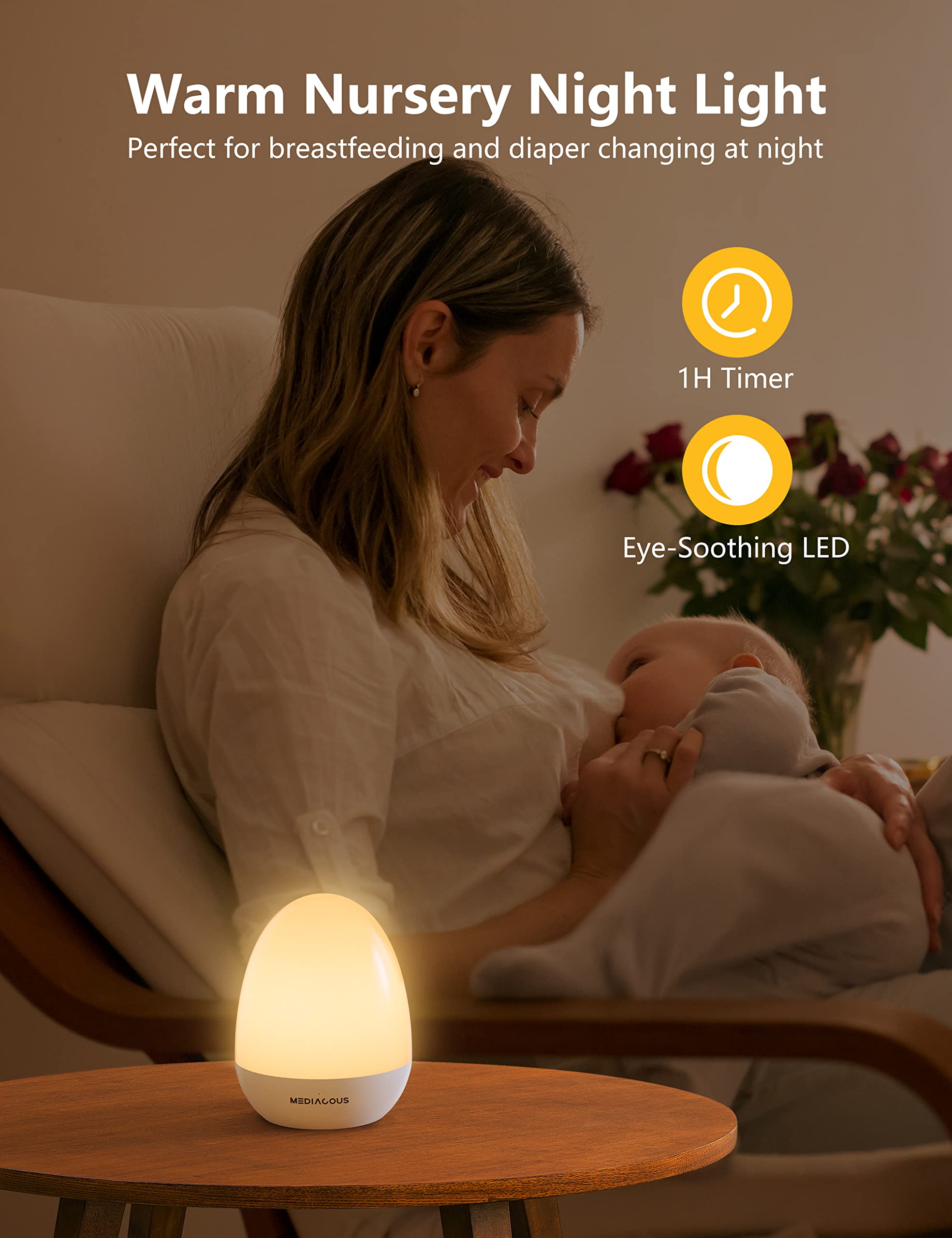 MediAcous Dimmable Baby Night Light with Stable Charging Pad - Touch Control LED Egg Lamp for Kids, 1H Timer & 200H Battery Life - Perfect for Nursery, Breastfeeding, Bedtime & Kids' Room Decor