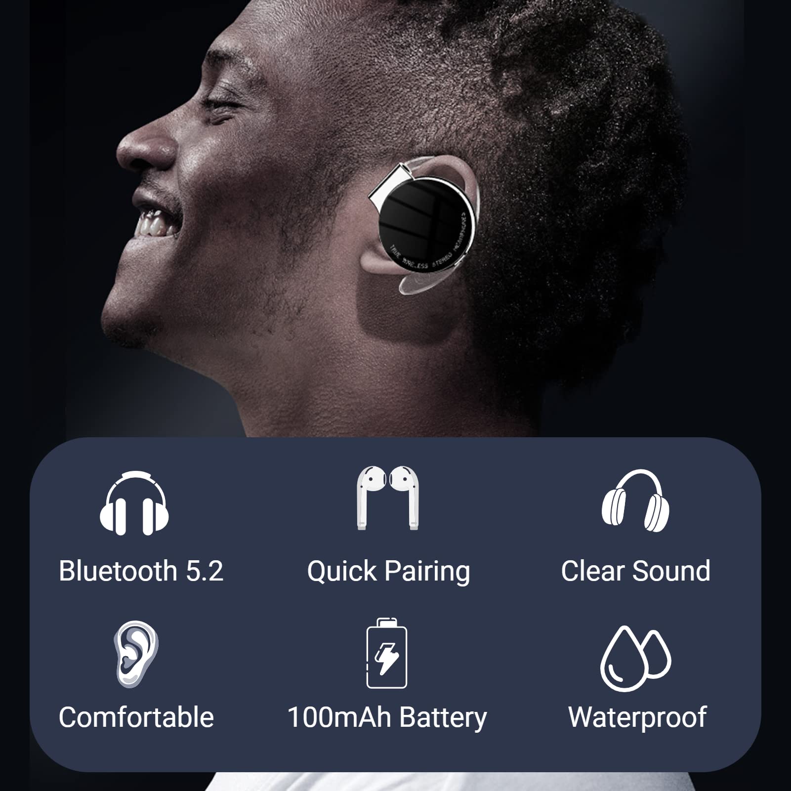 Jectse Clip-On Bluetooth Headphones - Wireless Earphones with Charging Case & Cable, Secure Fit for Running, Gym & Outdoor Activities (Black)