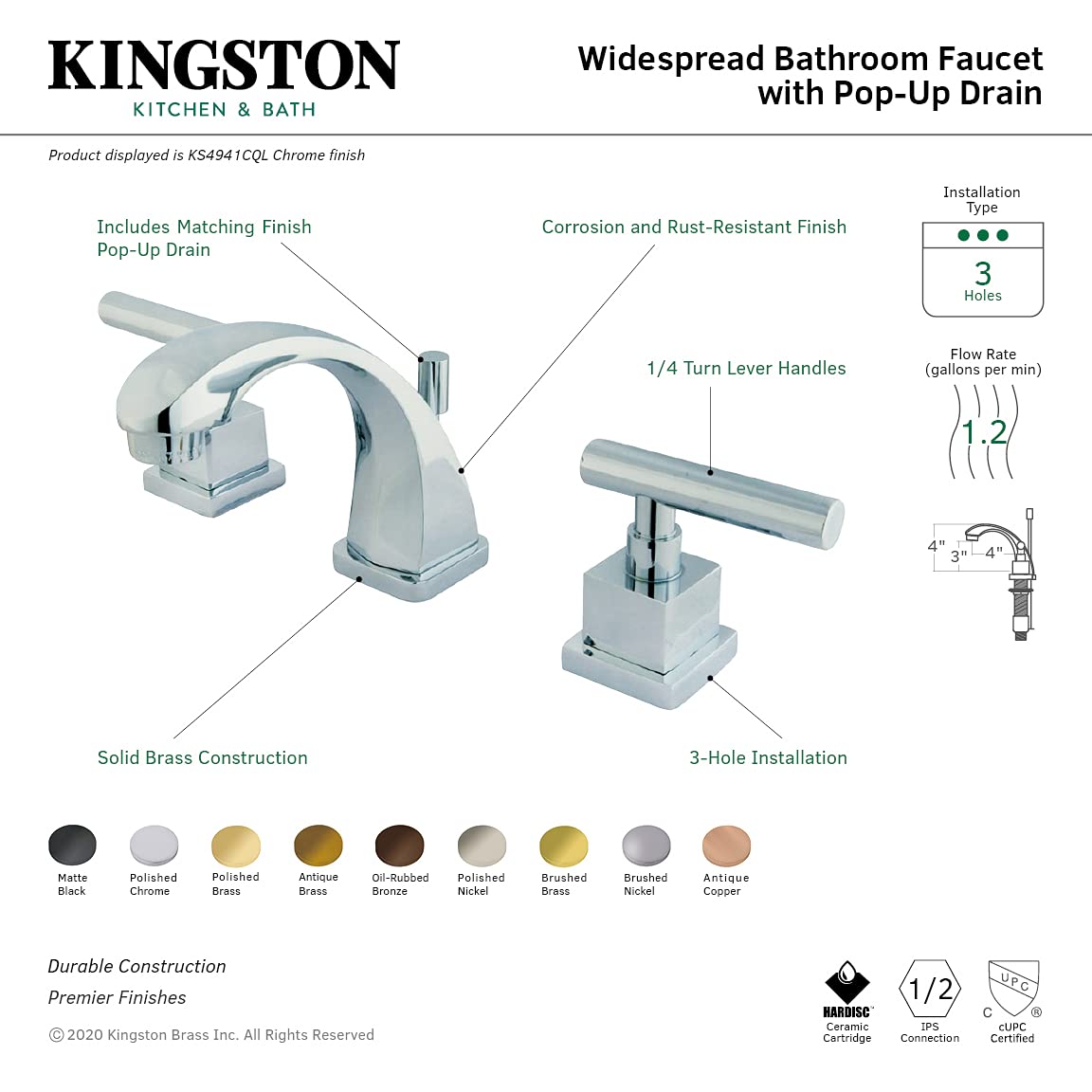 Kingston Brass KS4945CQL Claremont Mini Widespread Bathroom Faucet with Brass Pop-Up Drain, Oil Rubbed Bronze Finish - Perfect for Powder Rooms & Guest Bathrooms