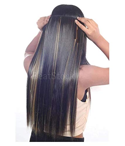 BeatStock STRAIGHT Hair Extensions Highlighter - 24 Inch Black & Golden Clip-In Hair Extensions for Women & Girls - Instant Length & Volume - Perfect for Parties, Weddings & Daily Styling