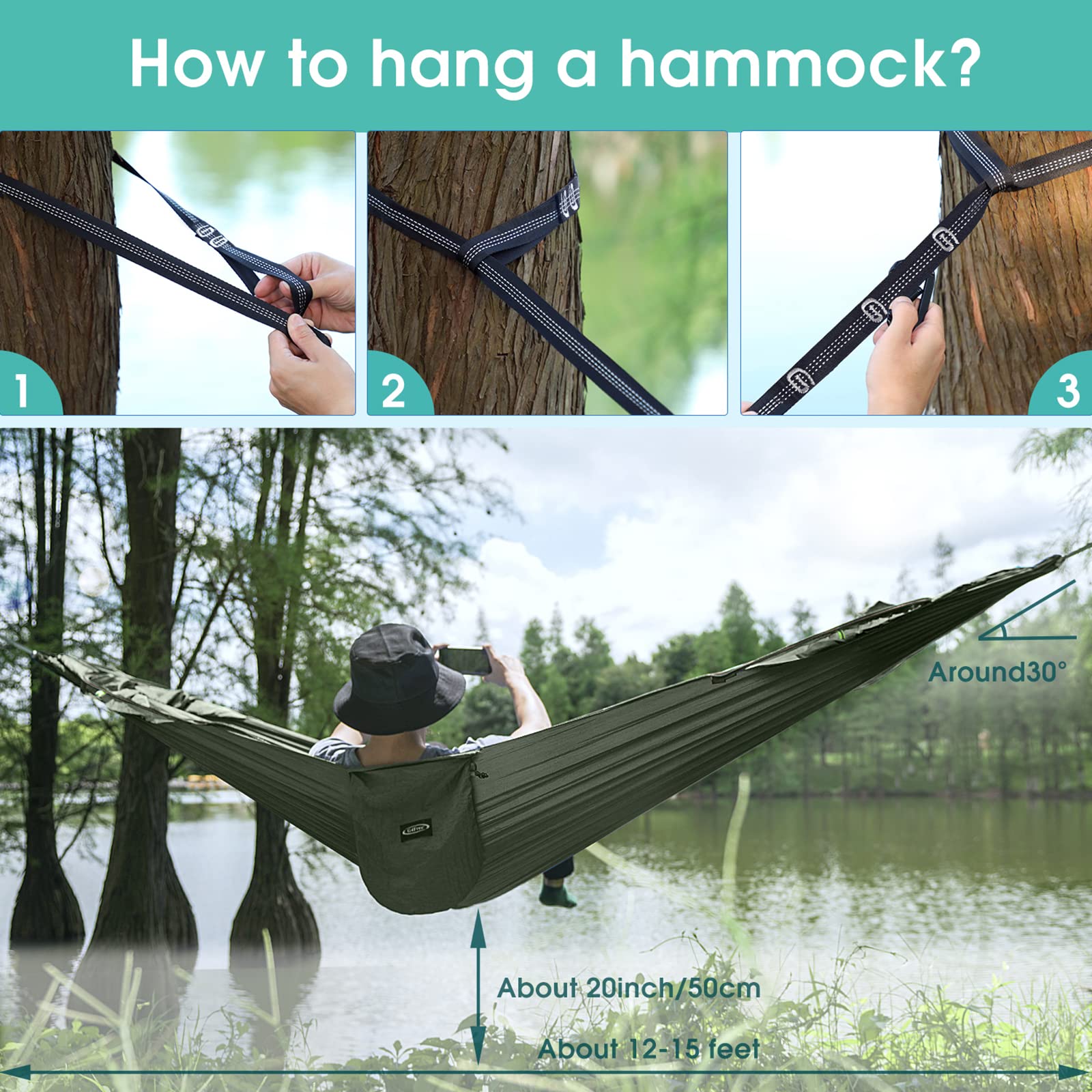 G4Free 2-Person Large Camping Hammock with Mosquito Net - Lightweight Pop-Up Parachute Hammock for Outdoor Backpacking, Hiking & Backyard Relaxation - Includes Tree Straps for Easy Setup - Perfect for Camping, Beach Trips & Garden Lounging