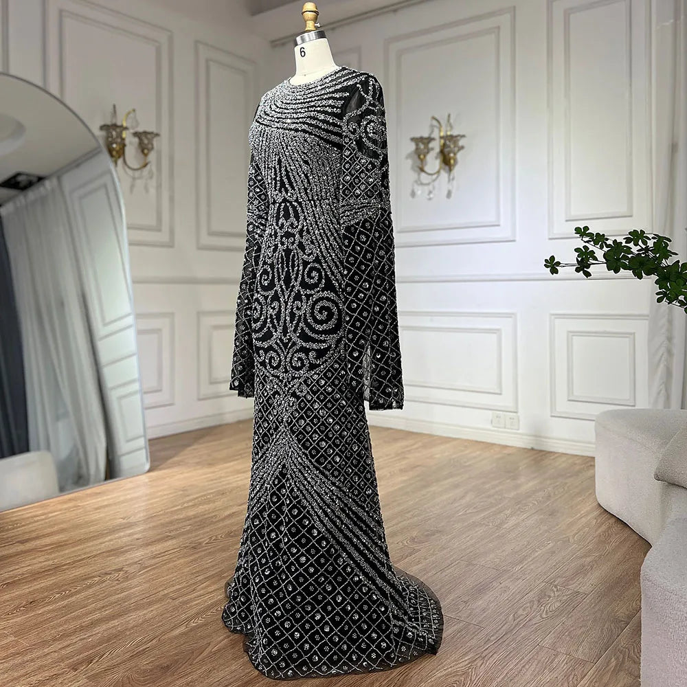 Luxury Dubai Flared Sleeves Caramel Beaded Saudi Arabic Mermaid Evening Dress Gown for Women - Formal Occasion Wedding Party Prom Night LA72771