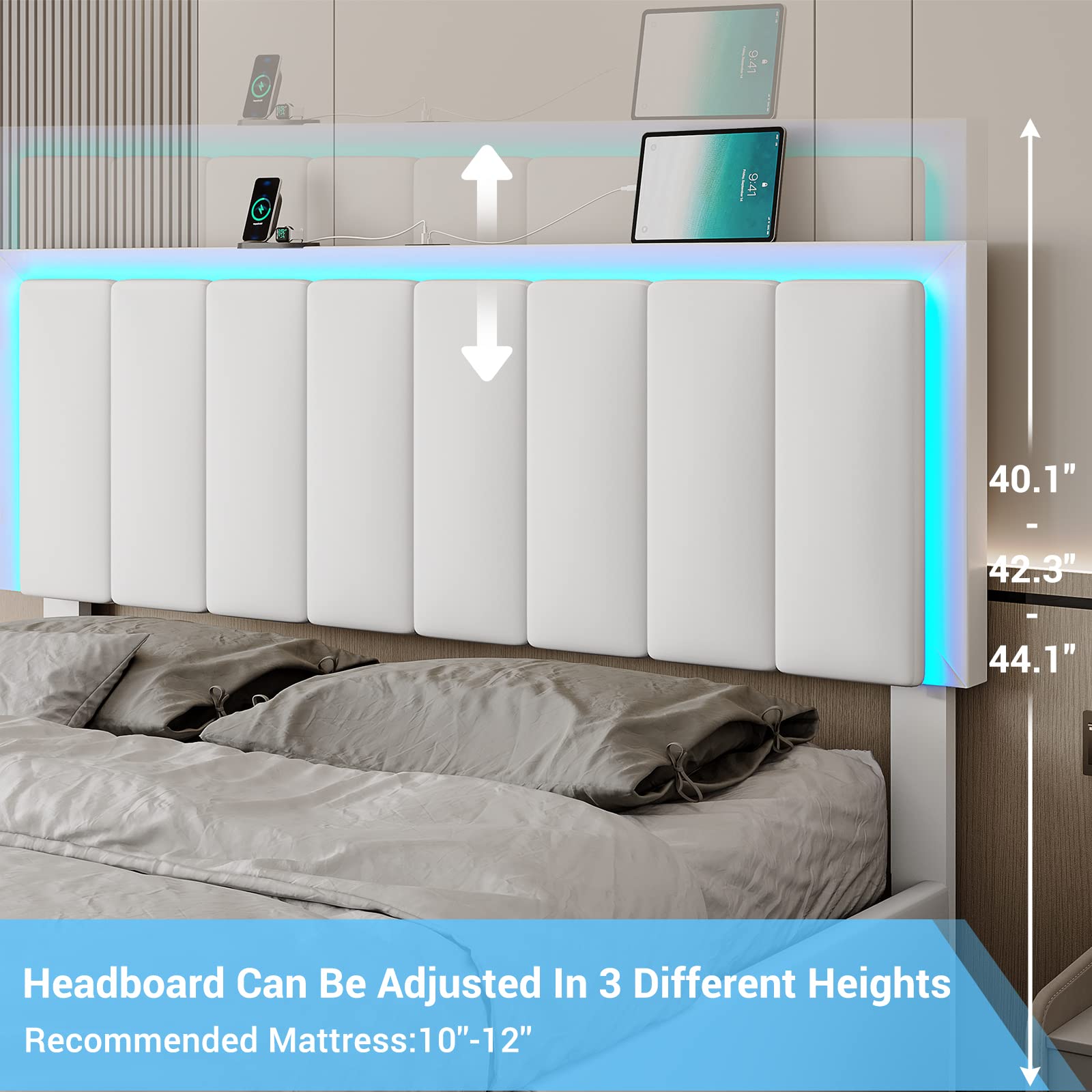 Modern Upholstered Queen Bed Frame with 4 Storage Drawers, USB Ports & LED Headboard - White Faux Leather Platform Bed, No Box Spring Needed, Easy Assembly - Perfect for Small Bedrooms, Guest Rooms & Modern Apartments