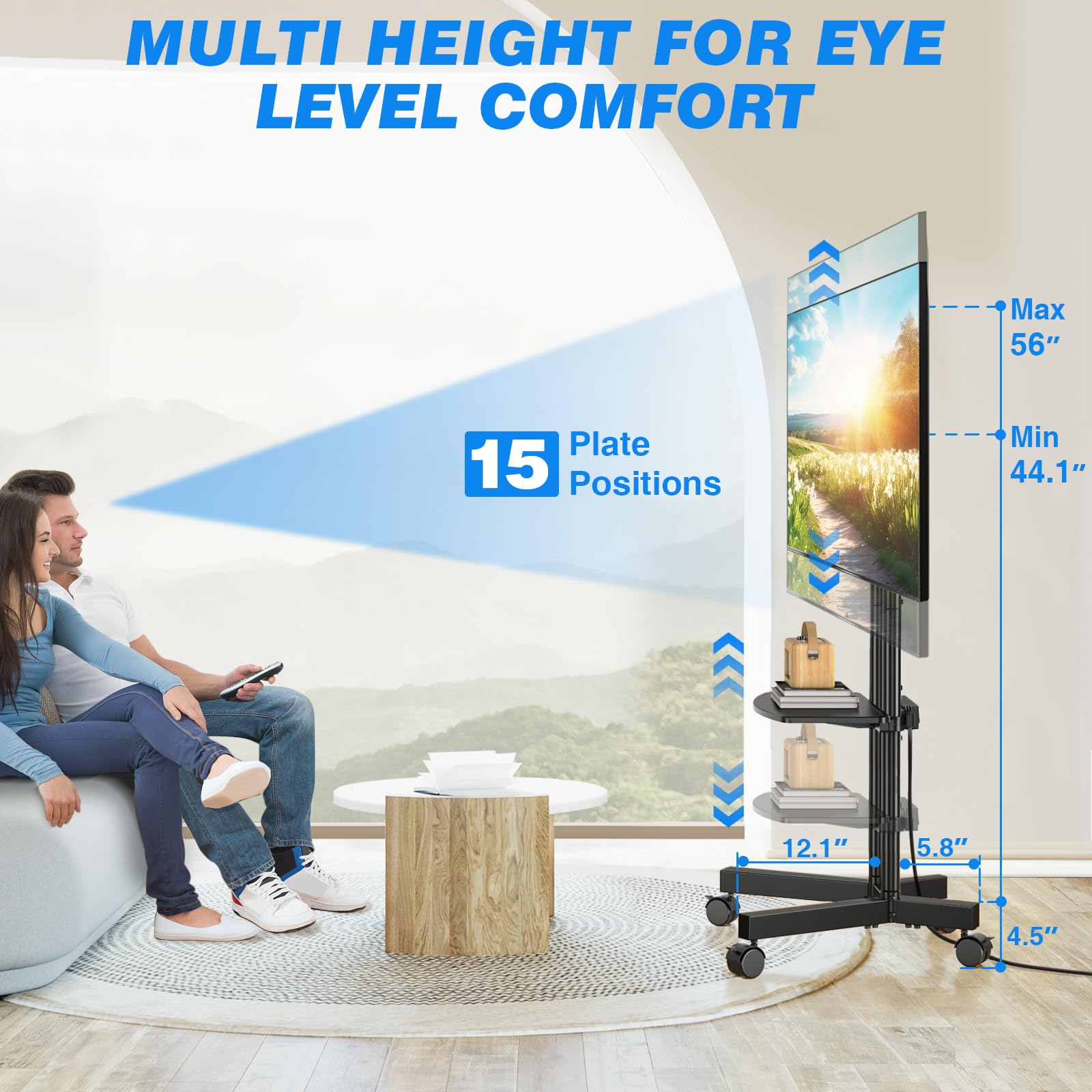 Rfiver Mobile TV Cart Rolling Stand with Power Outlet for 32-70 Inch Screens - Adjustable Height Portable TV Stand on Wheels for Home, Office & Outdoor Use - Heavy Duty TV Mount Stand with Shelf (Holds 88lbs) for Living Room, Bedroom & Patio Entertainment