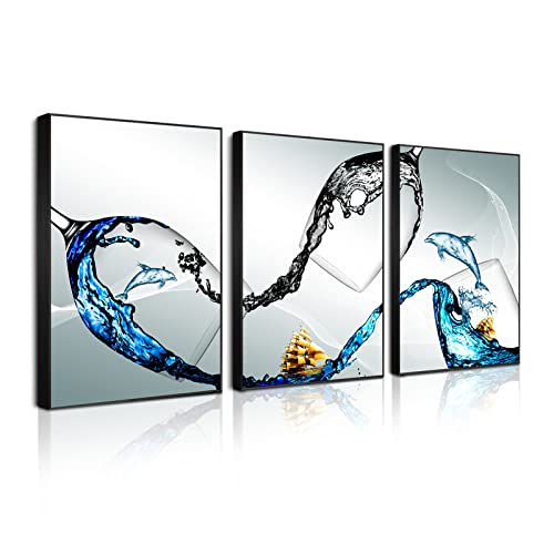 Modern Kitchen Wall Art Set - 3 Piece Wine Glass Canvas Prints with Aluminum Alloy Frame for Dining Room & Living Room Decor | Perfect for Home Bar, Wine Cellar, and Restaurant Wall Decoration
