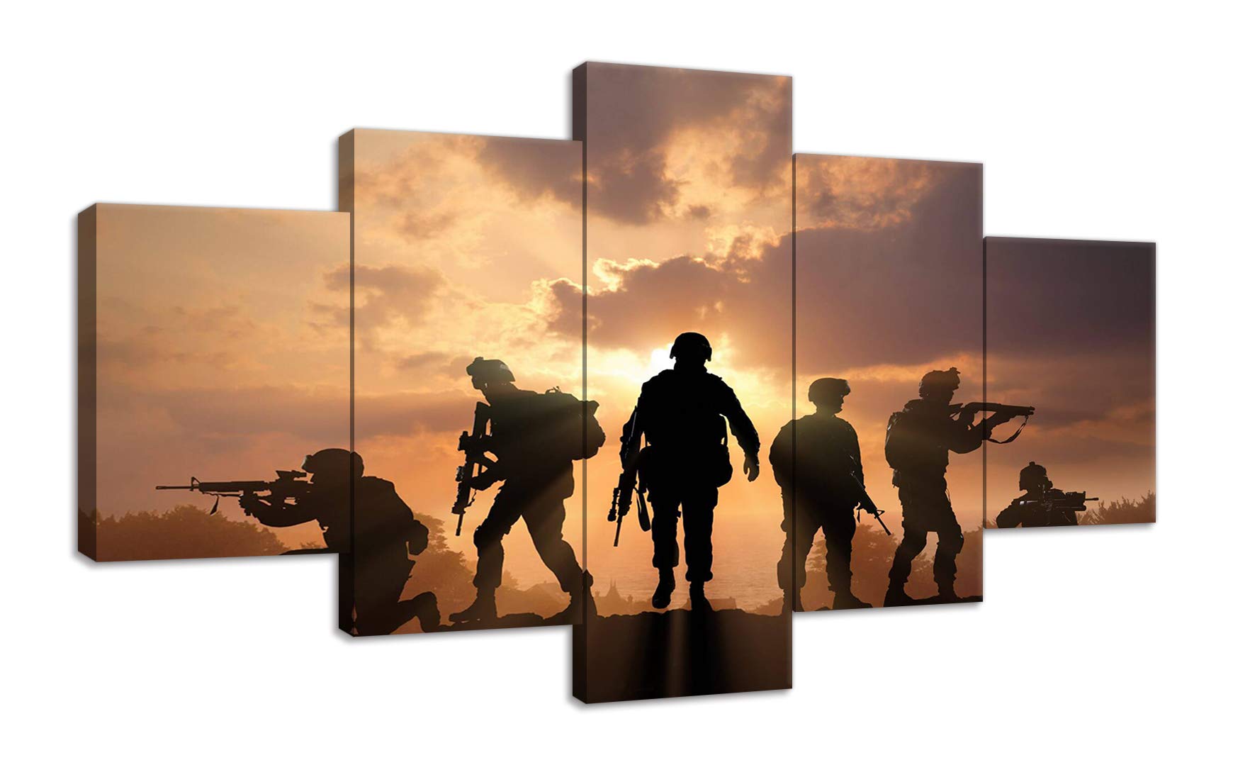 5-Panel Military Soldier Silhouette Canvas Wall Art - Framed Army Troops Print for Modern Home & Office Decor | Ready to Hang | Patriotic Living Room & Man Cave Wall Decor