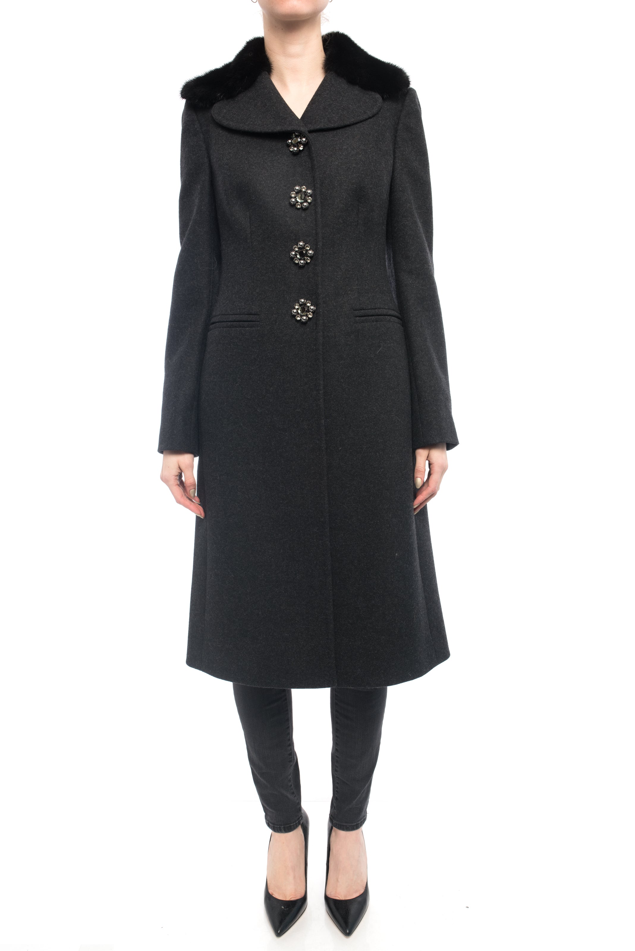 Dolce & Gabbana Charcoal Grey Wool Coat with Mink Fur Collar & Jewel Buttons - Luxury Winter Outerwear for Women's Formal Occasions & Evening Events