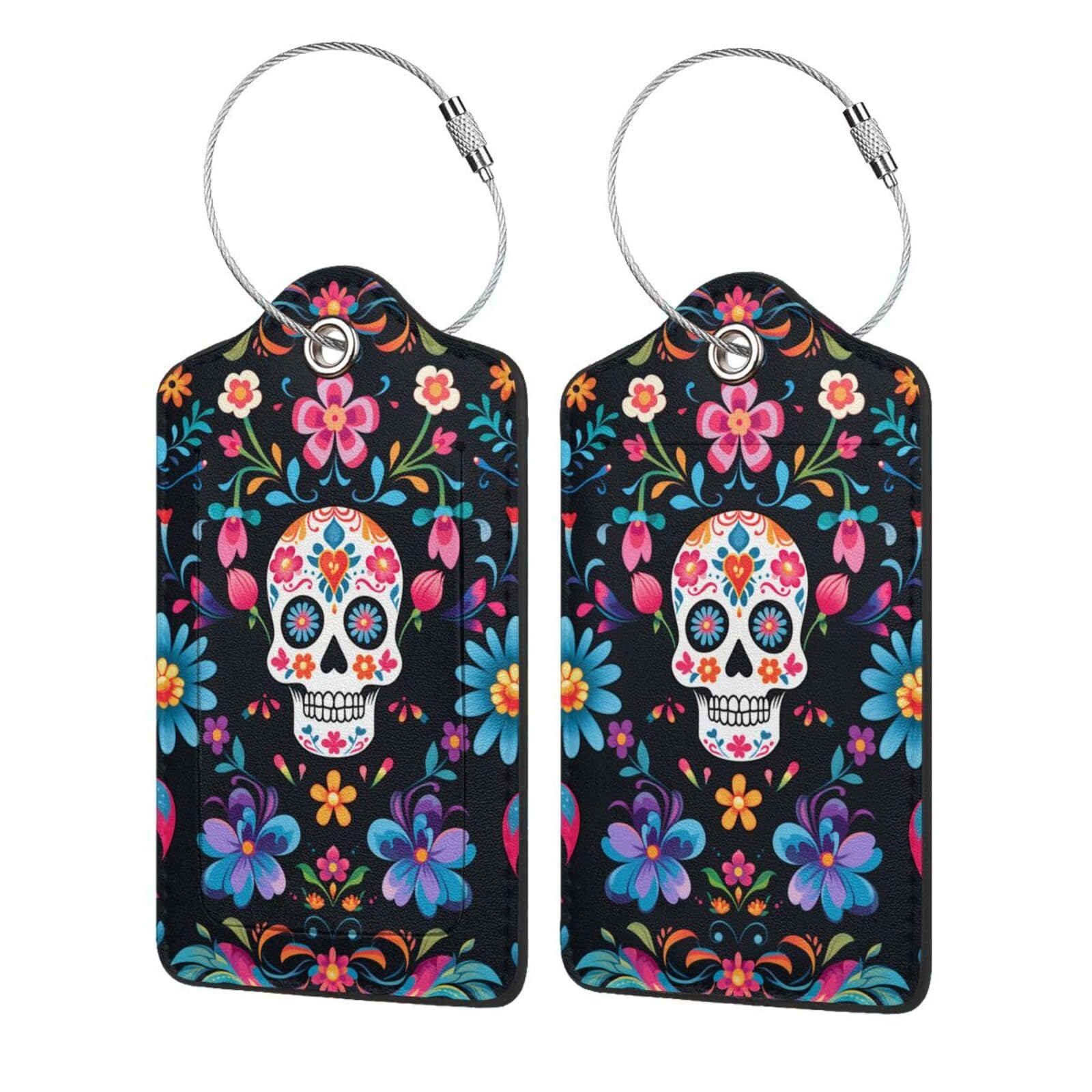 2 Pack PU Leather Luggage Tags with Privacy Cover - Mexican Sugar Skulls Floral Design ID Labels for Suitcases & Travel Bags | Includes Metal Loop & Address Card | Perfect for Vacation, Business Trips & Air Travel