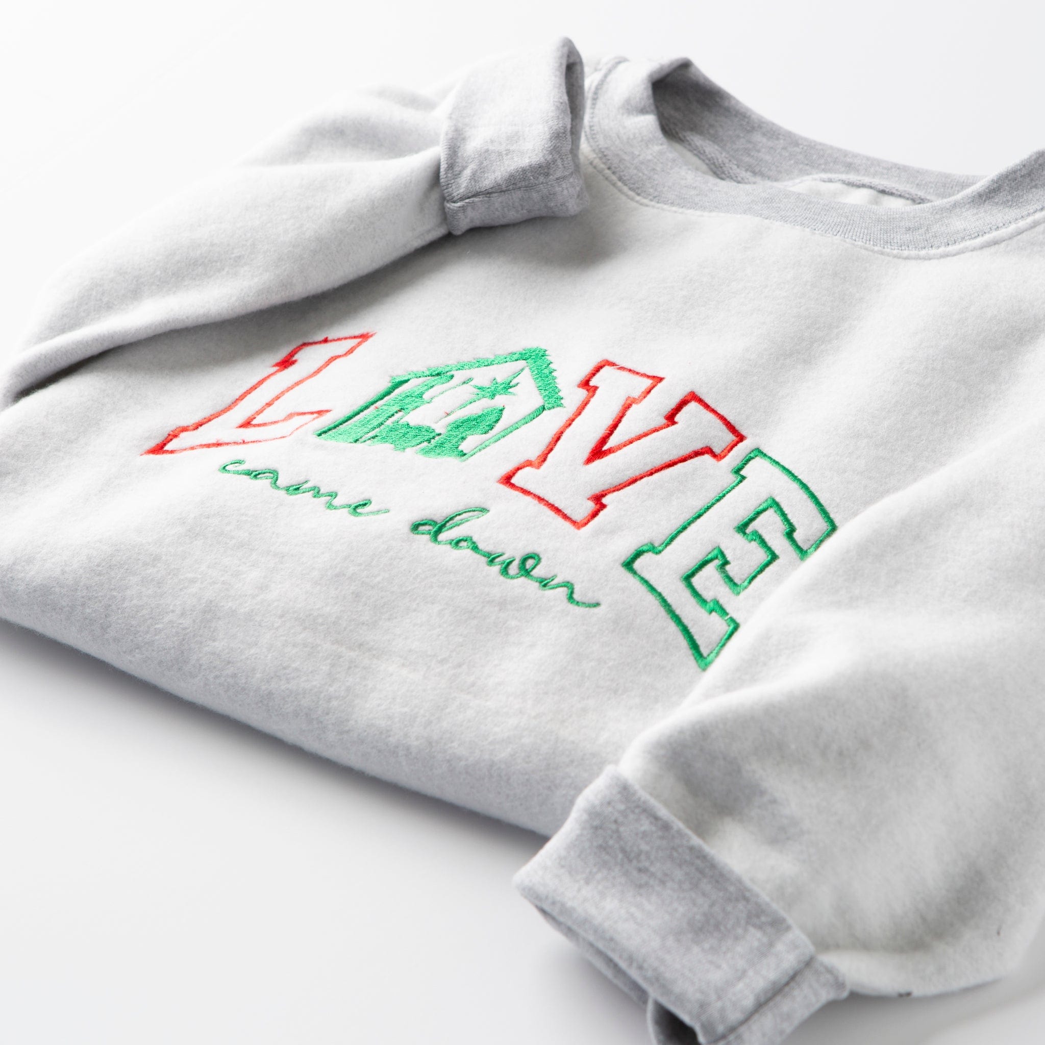 Embroidered Love Came Down Varsity Fuzzy Sweatshirt | Cozy Pullover Sweater | Women's Casual Streetwear | Perfect for Winter Outfits & College Campus Style