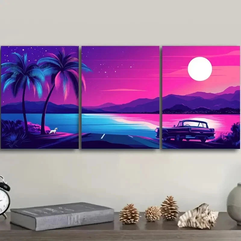 3-Piece Miami Beach Sunset with Palm Trees Wall Art Set - Framed Canvas 40x60cm (16x24in) - High Quality Print, 100% Australian Made, Ready to Hang - Perfect for Living Room, Bedroom & Office Decor