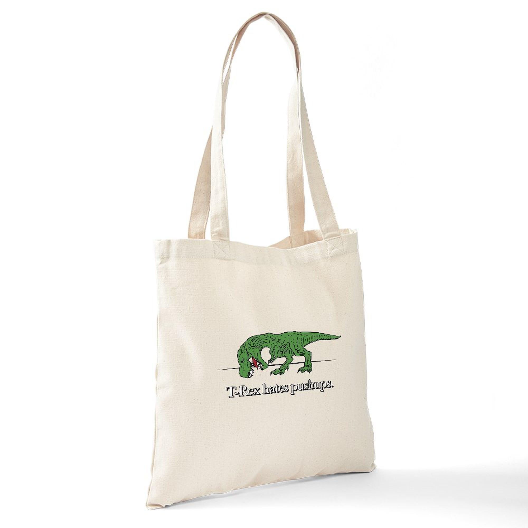 Funny T-Rex Hates Pushups Canvas Tote Bag - Reusable Natural Shopping Bag for Gym, Work, Groceries & Beach