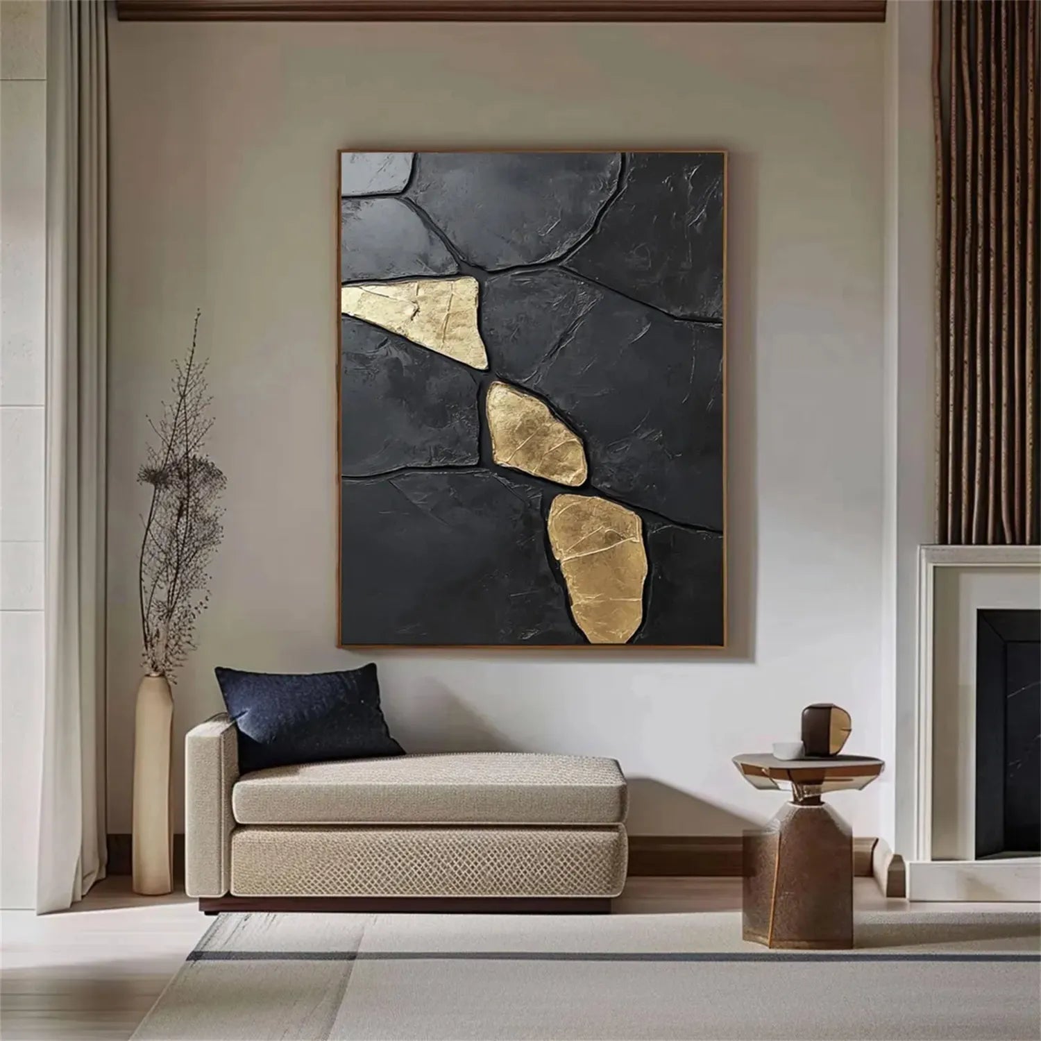 Black Gold Minimalist Textured Painting Canvas Wall Art - Modern Abstract Home Decor for Living Room, Bedroom & Office | Premium Quality #MZ122
