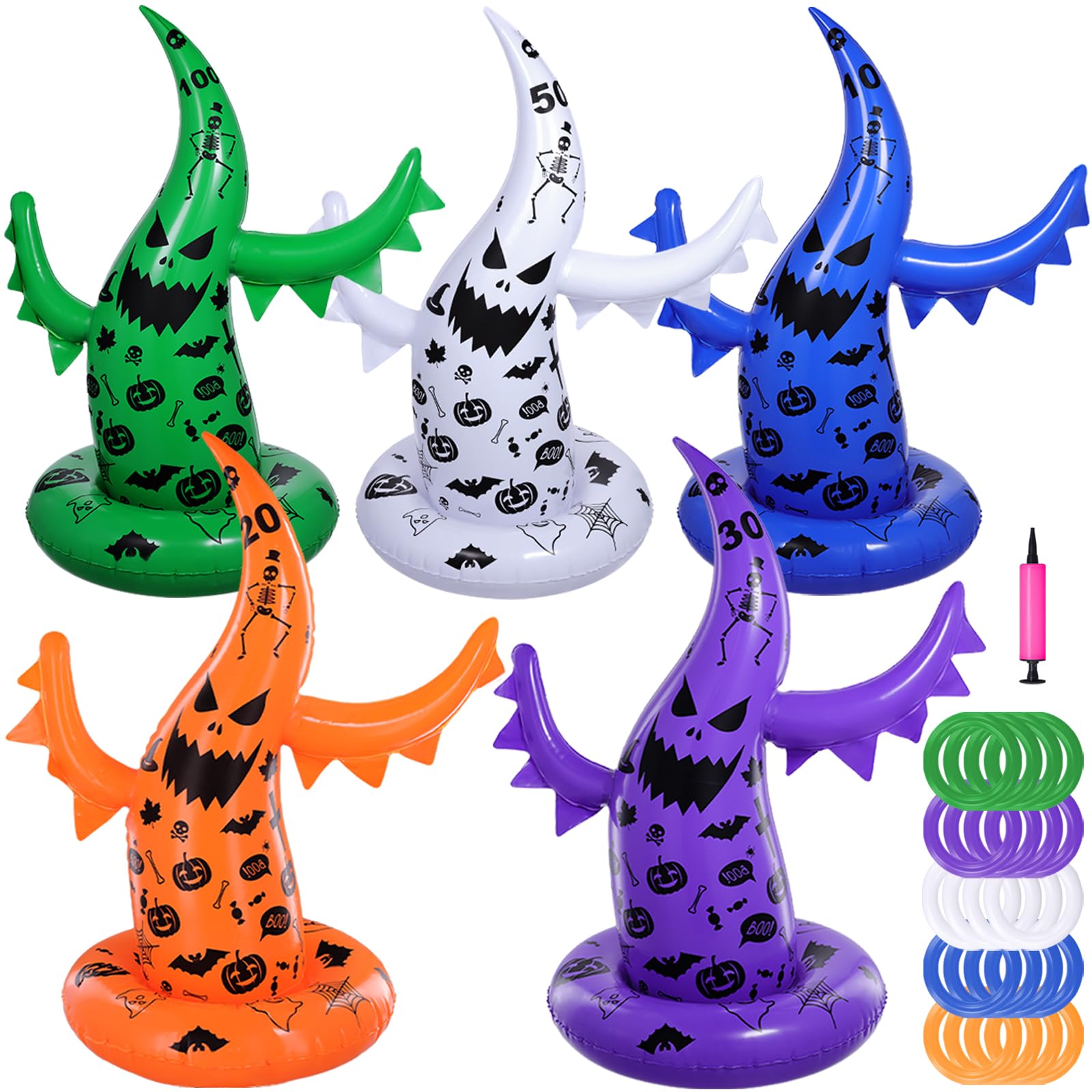 Halloween Ring Toss Game Set - 5 Pack Inflatable Ghost & Witch Hat Toss Games for Kids, Perfect for School Parties, Carnival Events & Indoor/Outdoor Halloween Activities - Fun Halloween Party Supplies & Favor Ideas