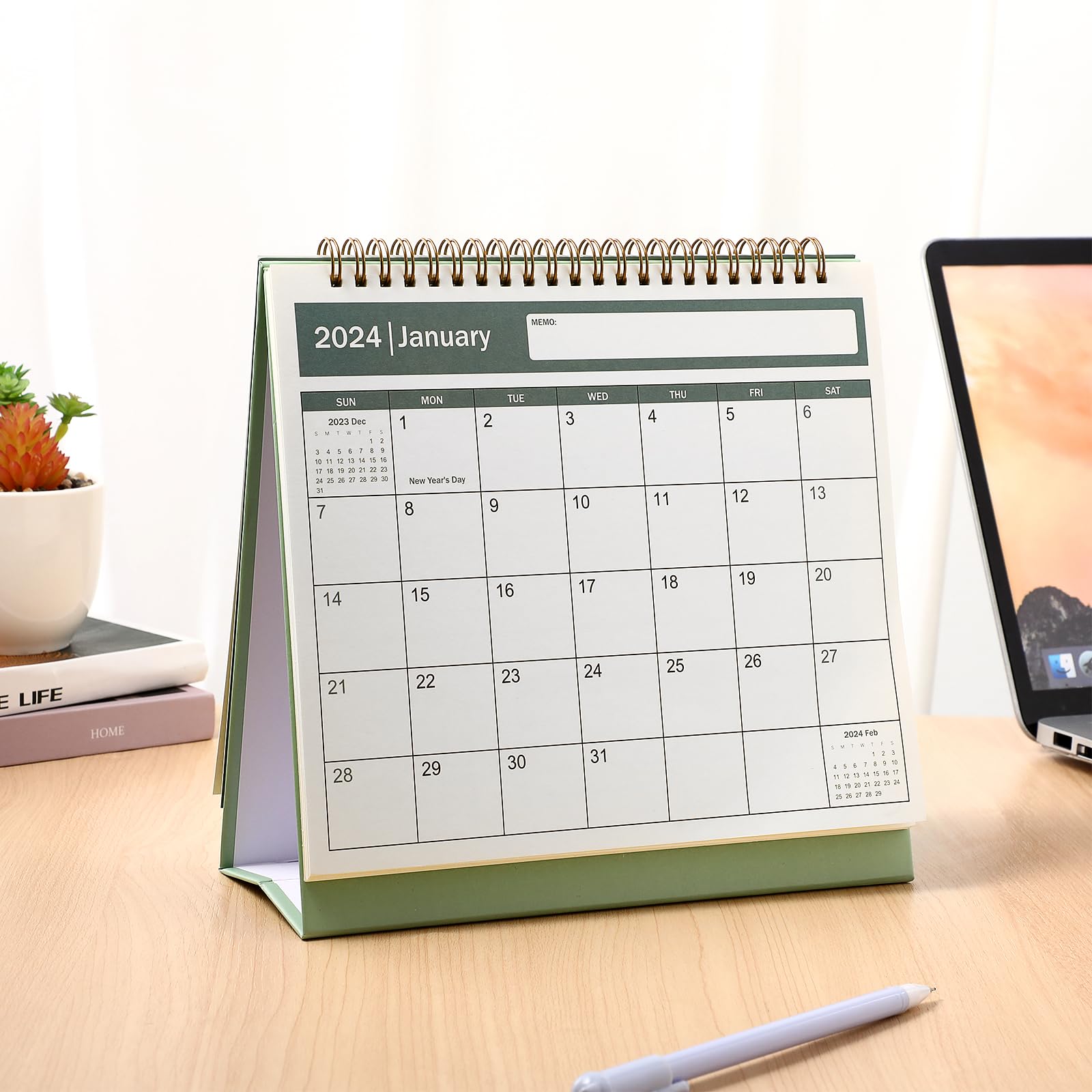 2024-2025 Desktop Flip Calendar - Monthly & Daily Planner for Home, Office, School | Green Standing Organizer for Productivity & New Year Decor