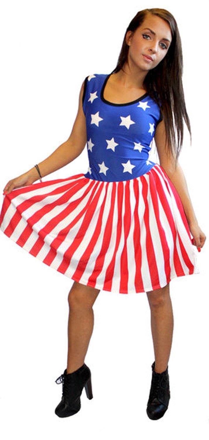 Insanity USA Patriotic Sleeveless Gathered Dress - Red White & Blue Stars and Stripes American Flag Dress for 4th of July, Memorial Day & Independence Day Celebrations