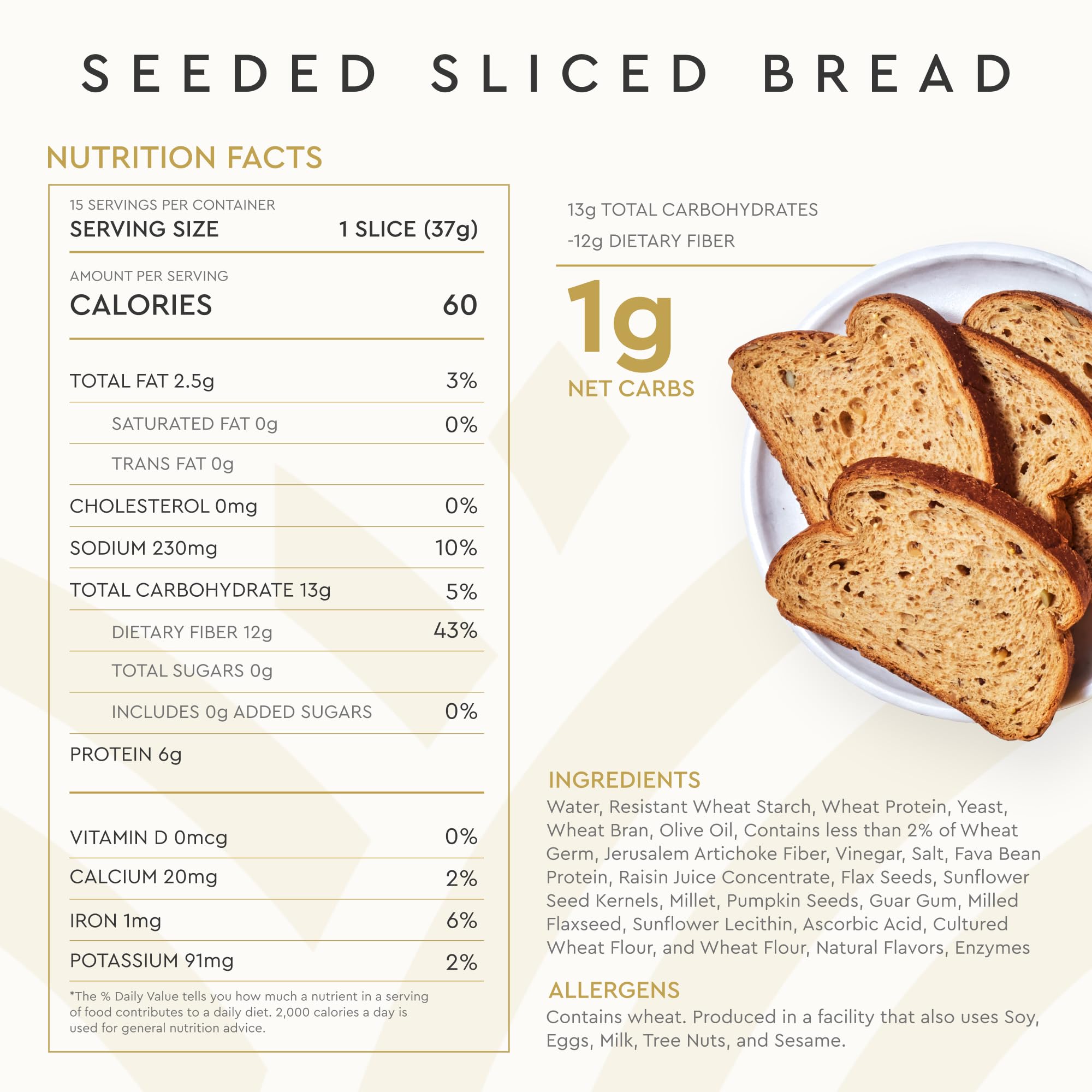 Hero Seeded Bread - Low Carb Keto Friendly Bread (1g Net Carb, 0g Sugar, 60 Calories, 12g Fiber per Slice) - 15 Slices per Loaf, Pack of 4 | Perfect for Sandwiches, Toast & Healthy Breakfasts