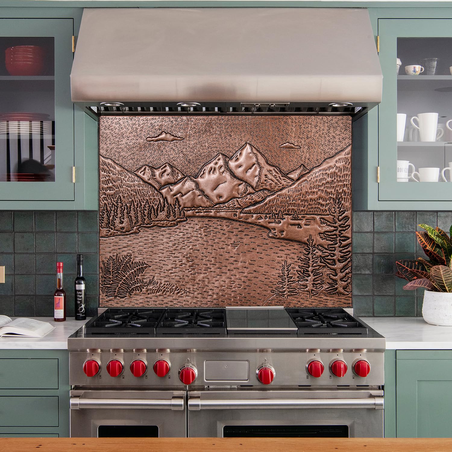 Rocky Mountains and Lake Landscape Custom Copper Kitchen Backsplash Panel - Handmade Copper Backsplash Tile for Indoor & Outdoor Wall Decor - Perfect for Modern Kitchens, Bathrooms, and Patio Accents