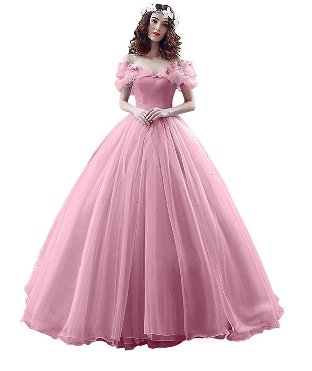 XIA Women's Off-Shoulder Butterfly Cinderella Prom Gown - Elegant Pink Formal Evening Dress for Wedding, Ball, Quinceañera & Special Occasions
