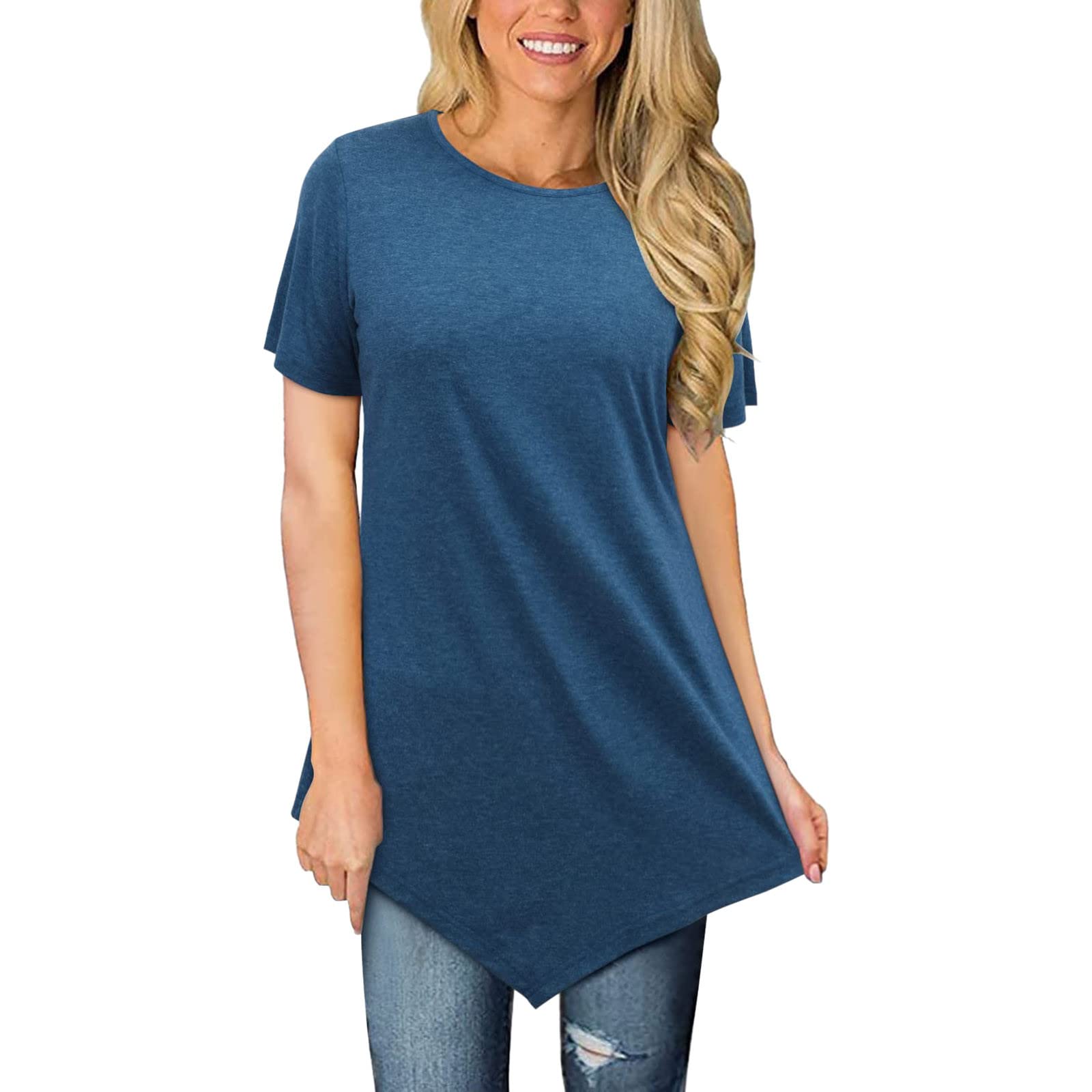 Women's Casual Short Sleeve T-Shirt - Round Neck Summer Loose Fit Asymmetrical Hem Top - Breathable Comfort Shirt for Everyday Wear, Work & Vacation